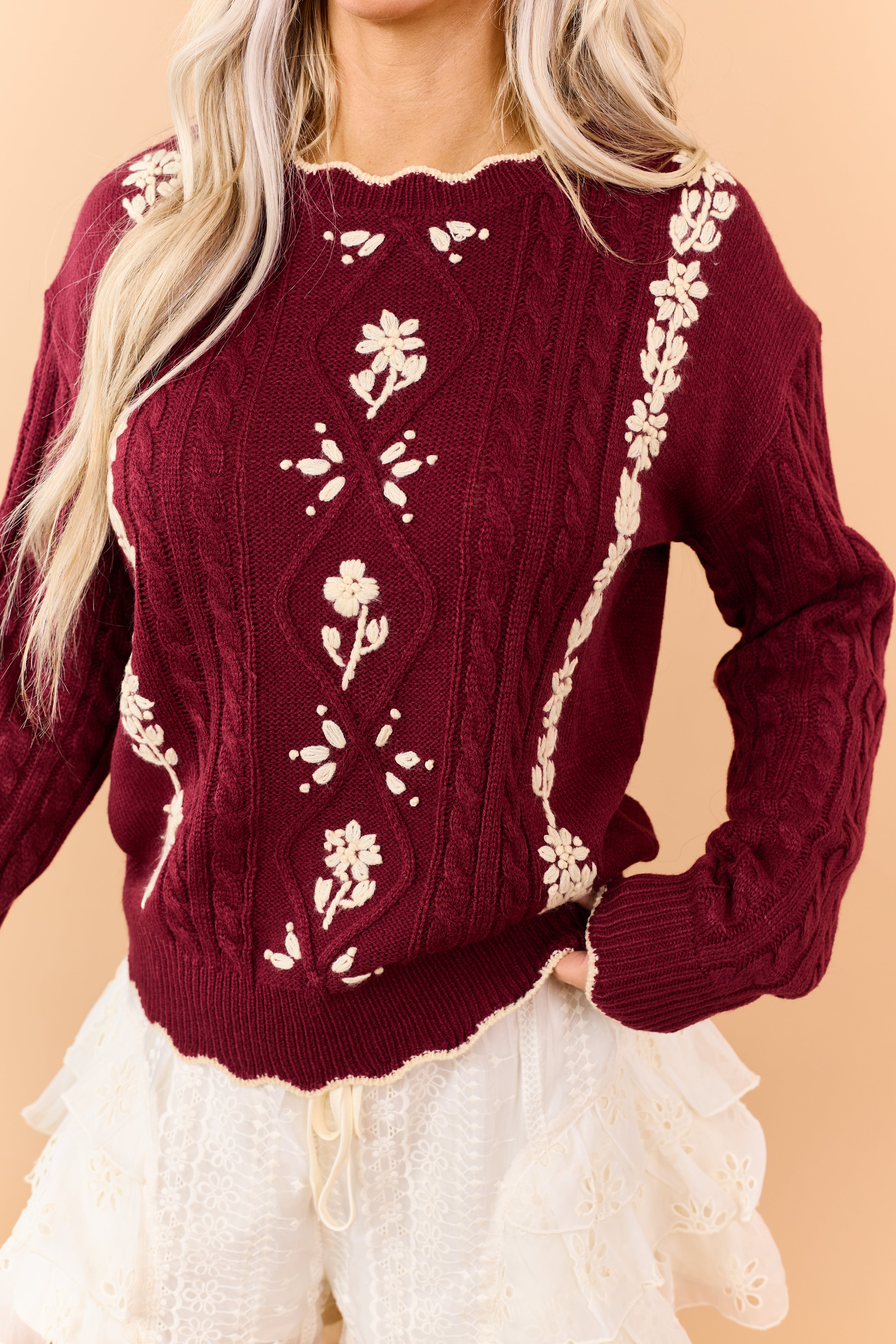 Listicle Maroon Cable Knit Embroidered Sweater