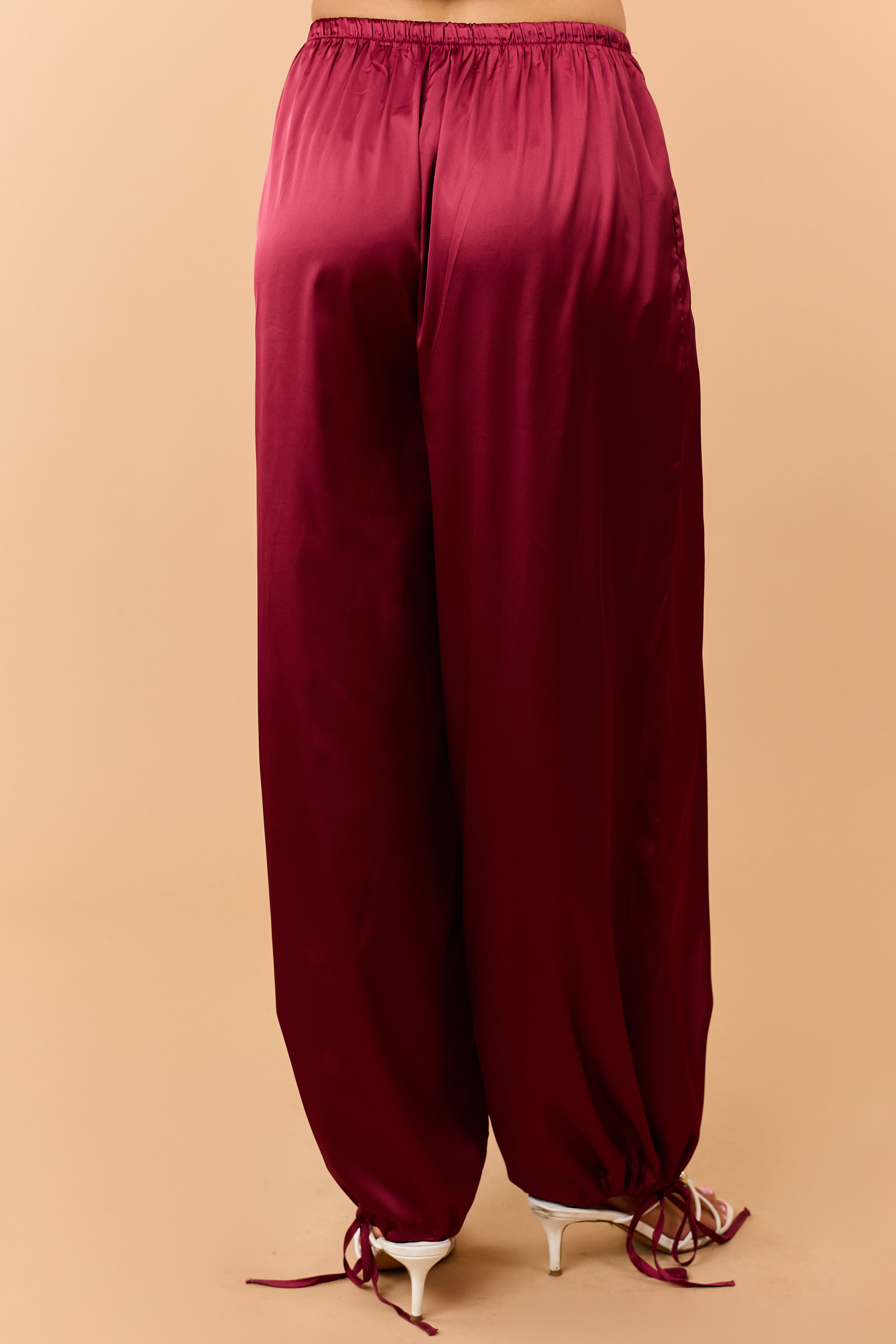 Listicle Maroon Satin Drawstring Wide Leg Pants