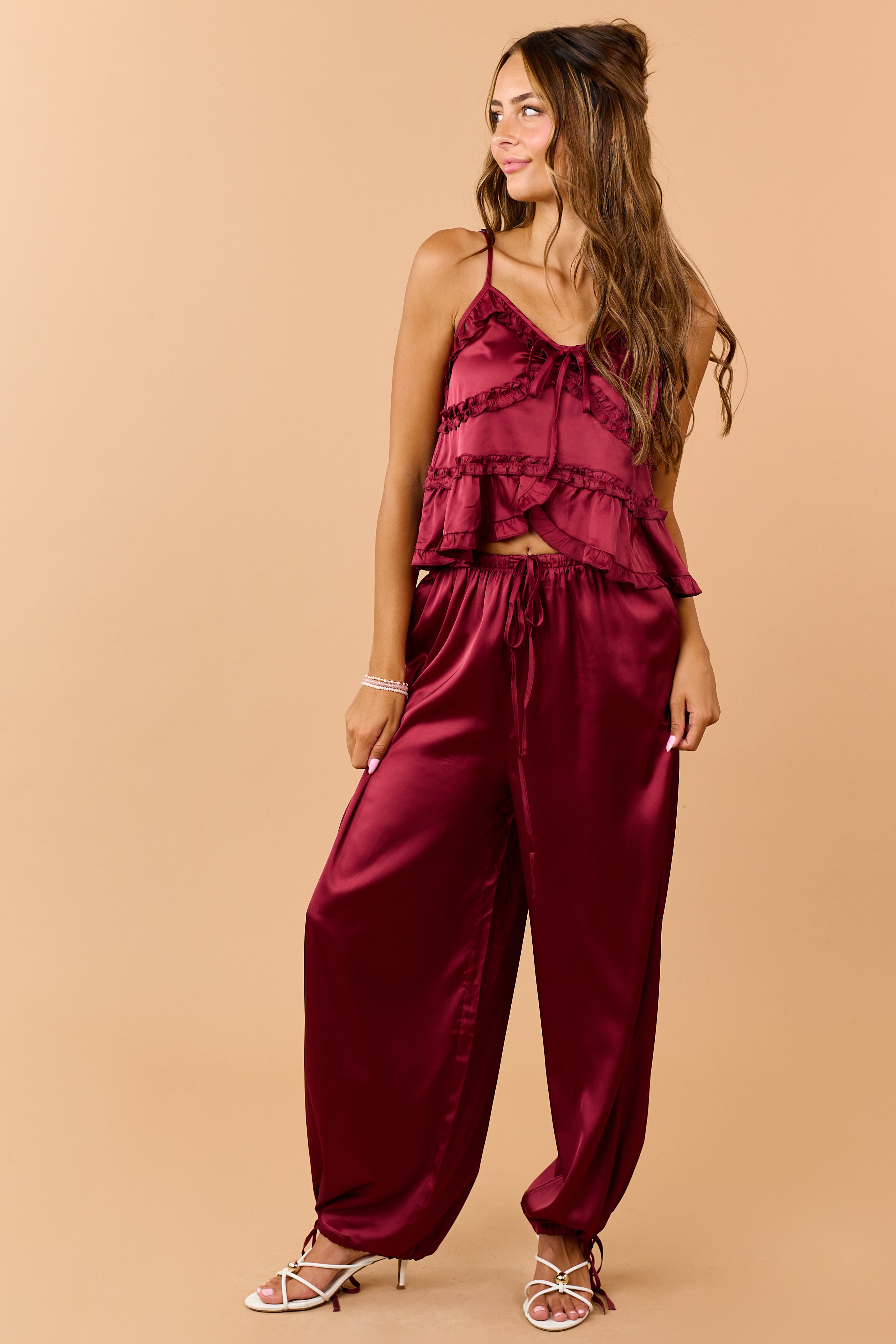 Listicle Maroon Satin Drawstring Wide Leg Pants