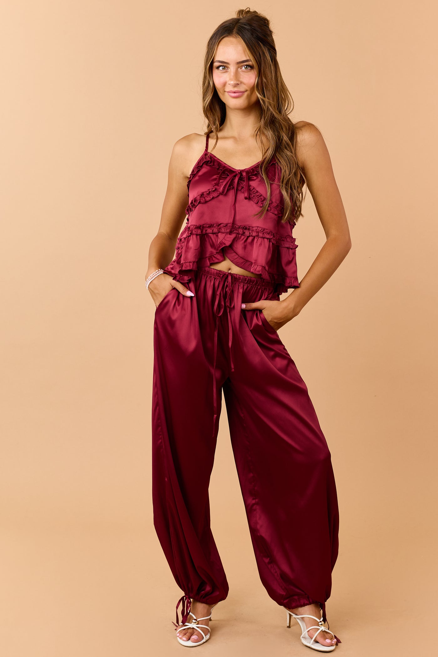 Listicle Maroon Satin Drawstring Wide Leg Pants