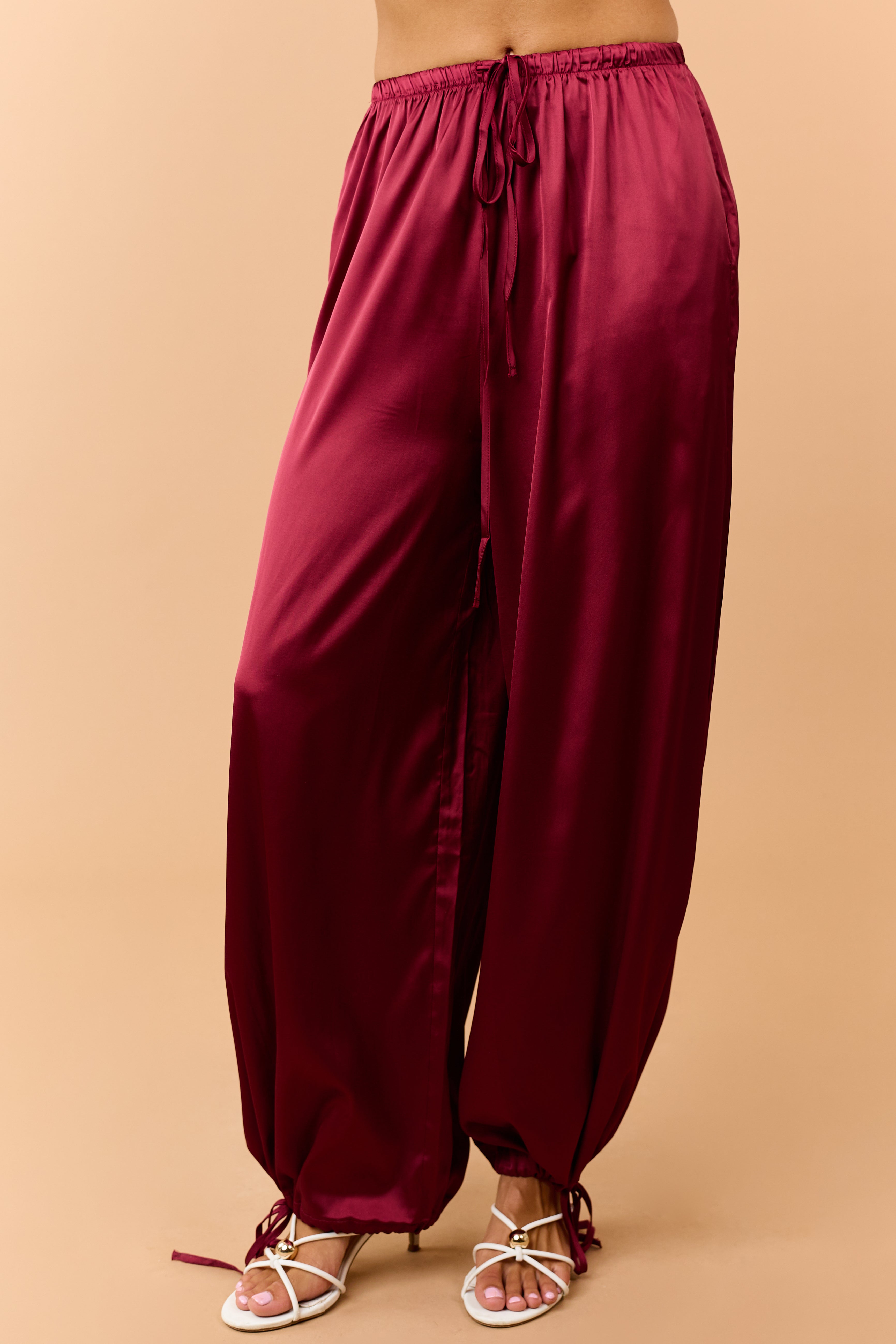 Listicle Maroon Satin Drawstring Wide Leg Pants