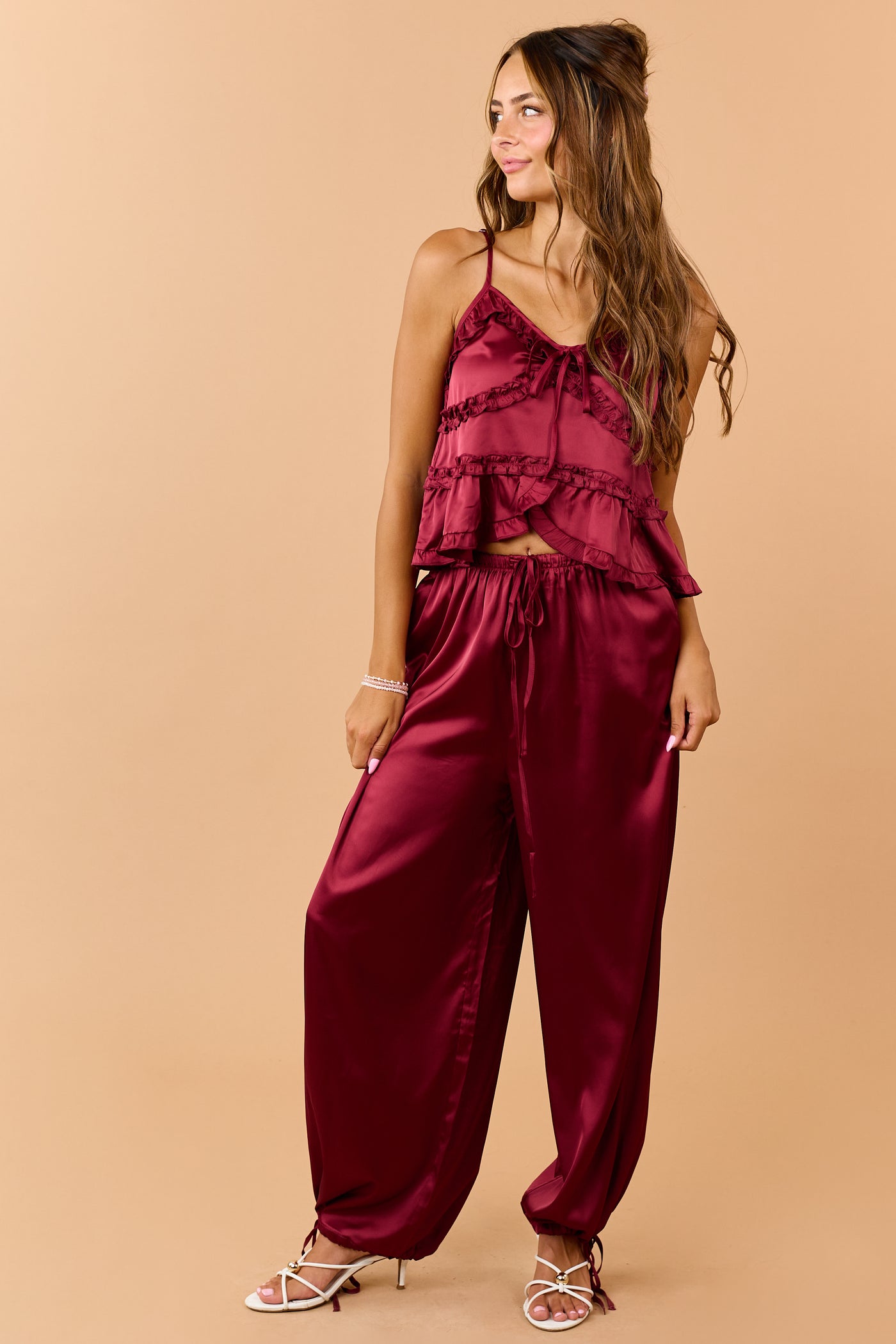 Listicle Maroon Satin Ruffled V-Neck Cami Top