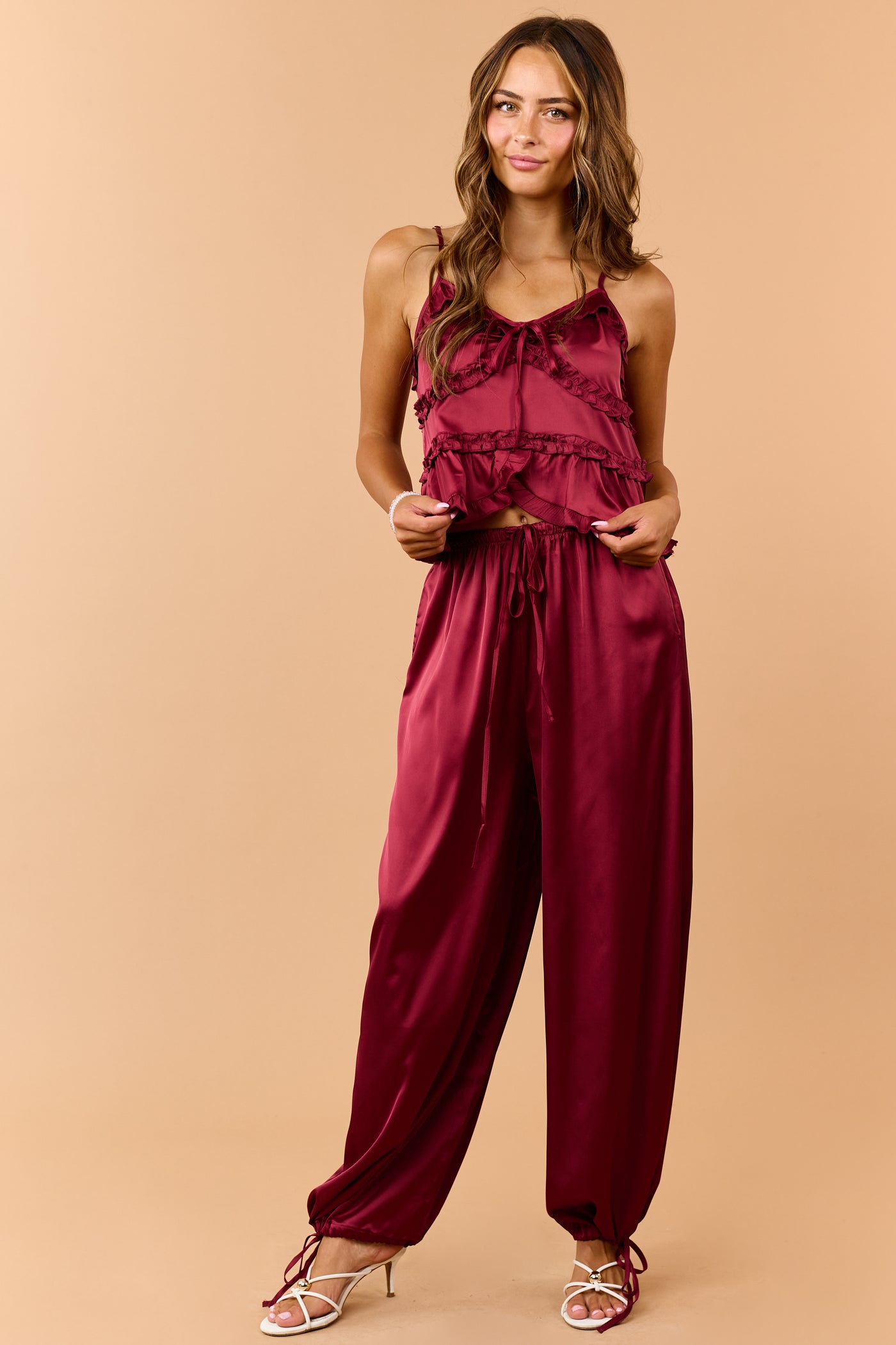 Listicle Maroon Satin Ruffled V-Neck Cami Top