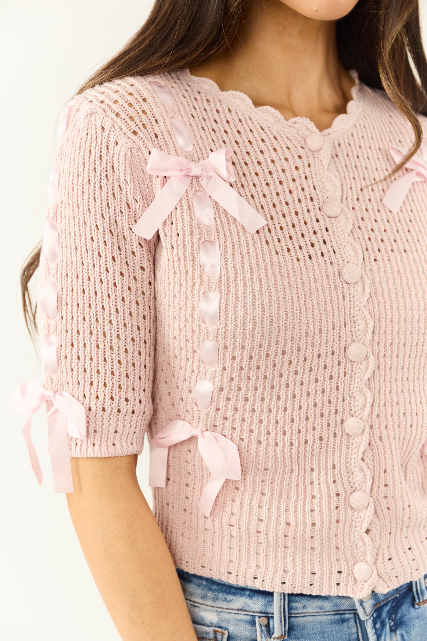 Listicle Mauve Button Down Bow Cotton Cardigan