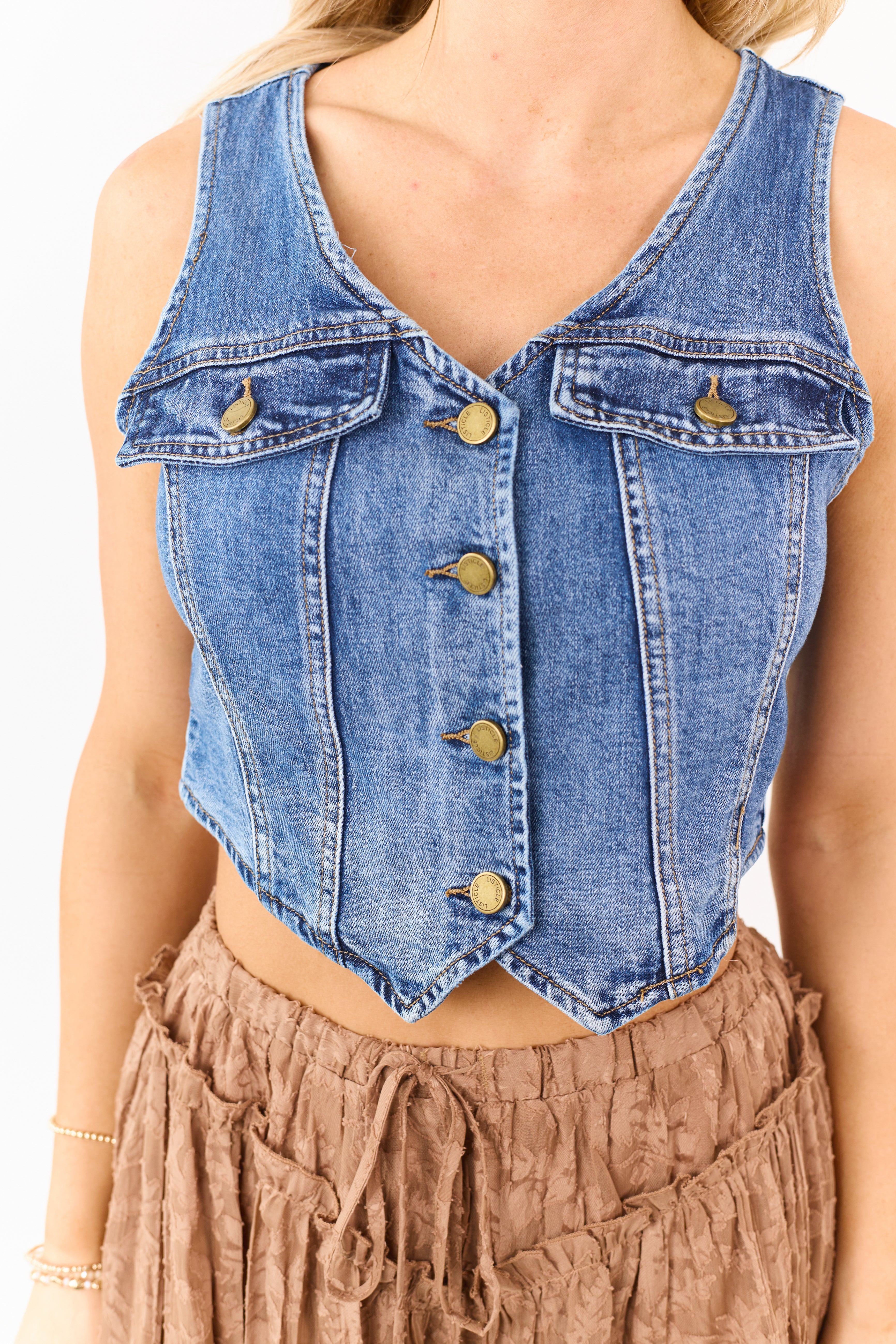 Listicle Medium Wash Cropped Stretchy Denim Vest