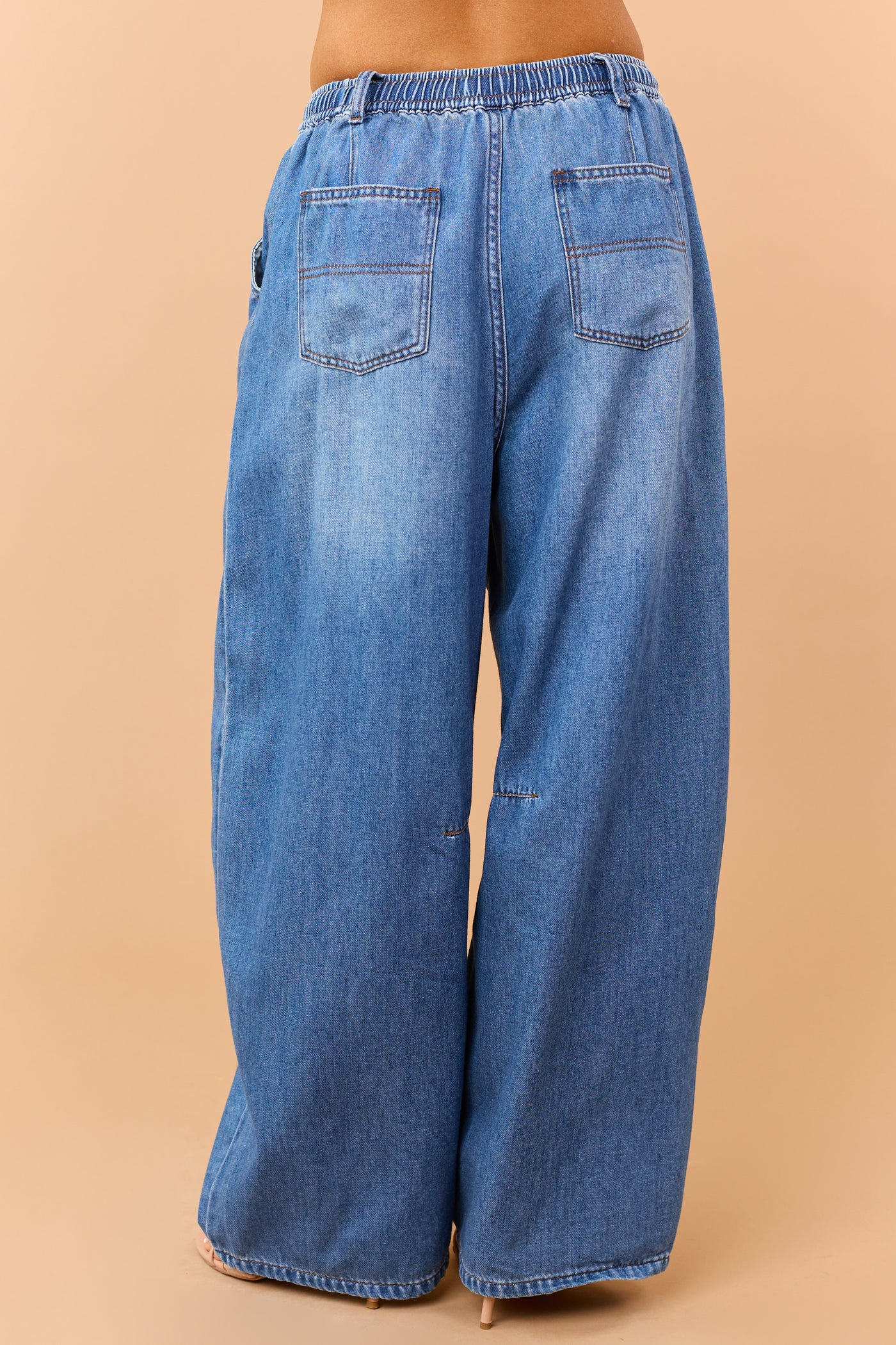 Listicle Medium Wash Denim Drawstring Wide Leg Pants
