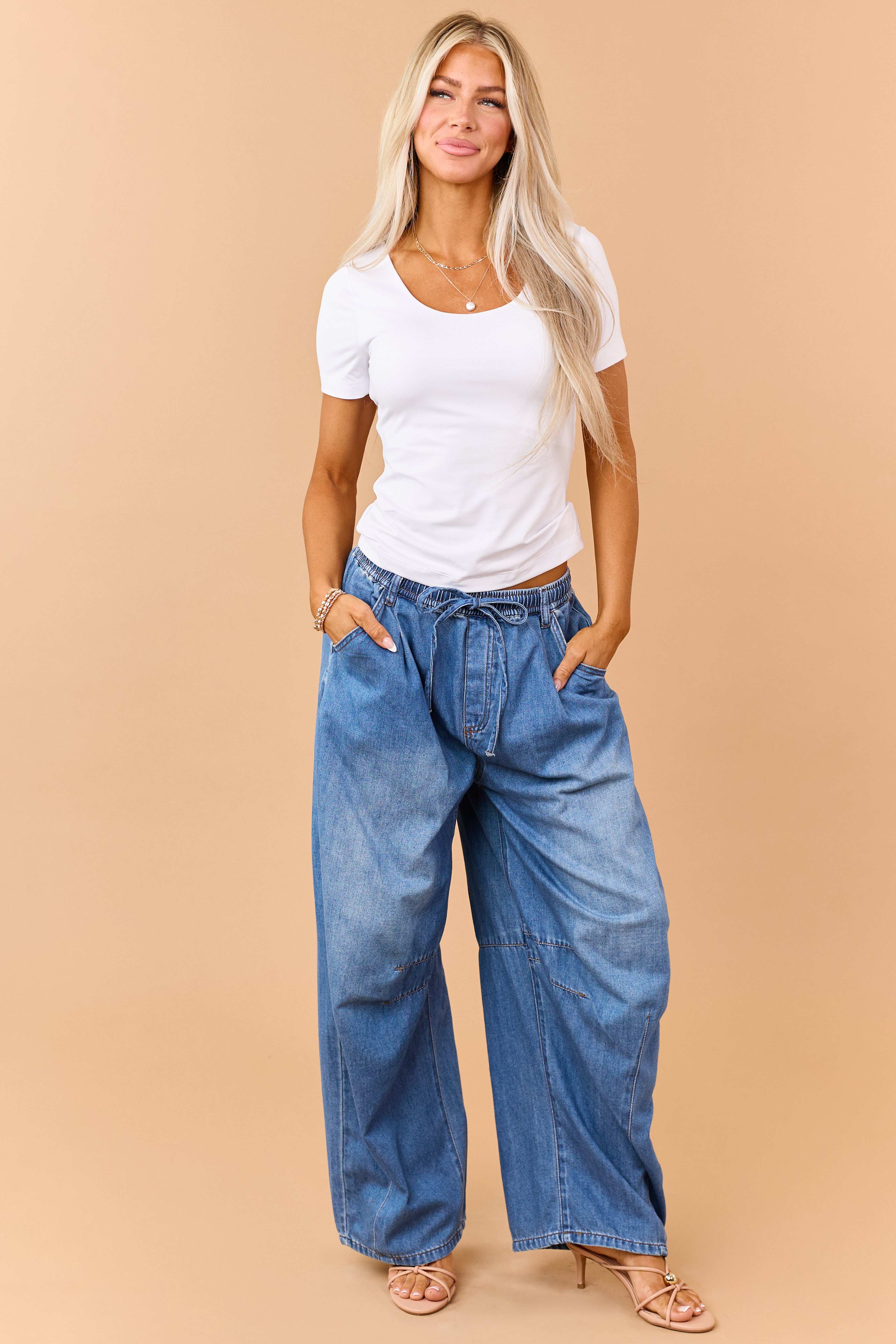 Listicle Medium Wash Denim Drawstring Wide Leg Pants | Lime Lush