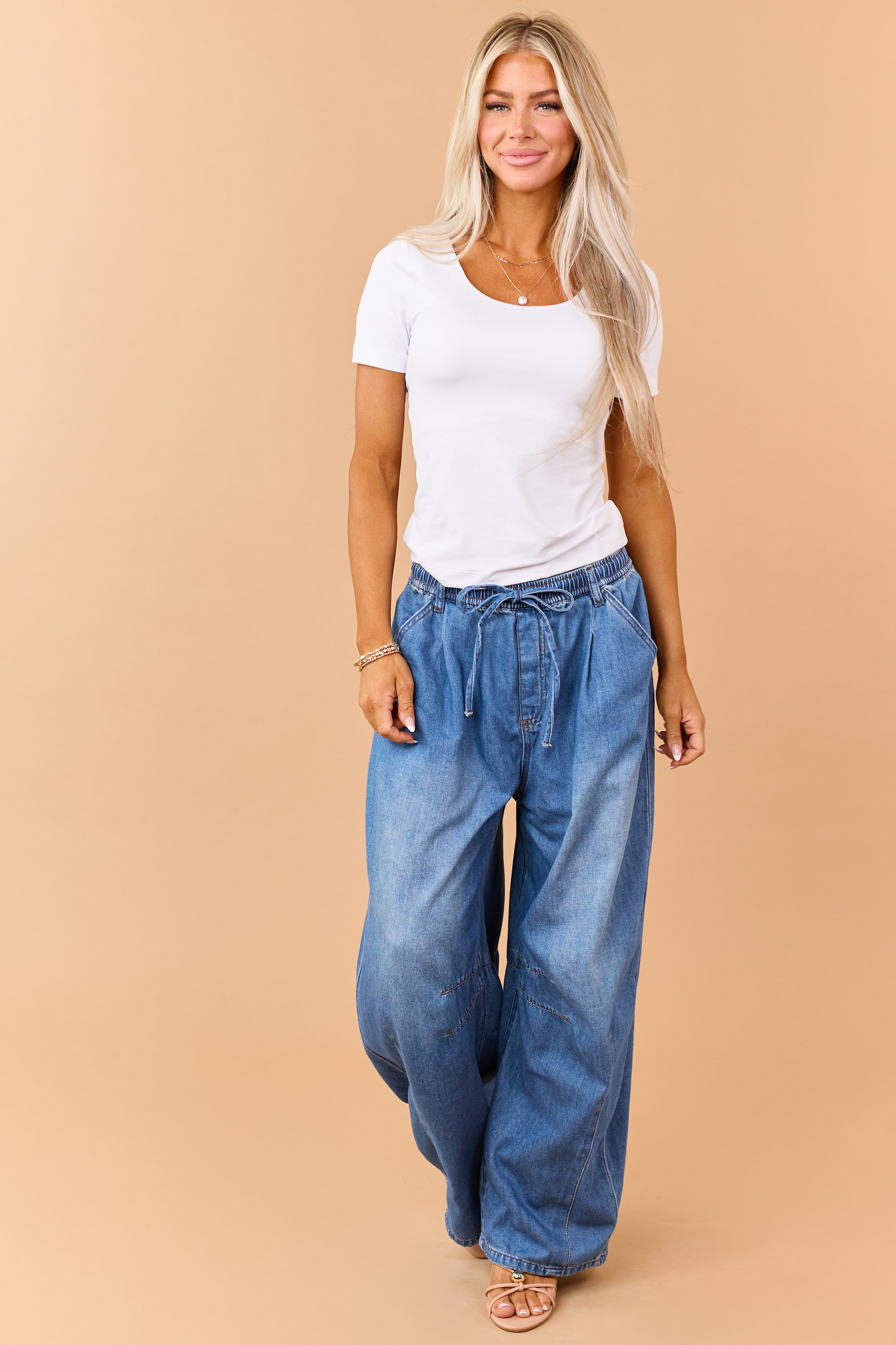 Listicle Medium Wash Denim Drawstring Wide Leg Pants | Lime Lush