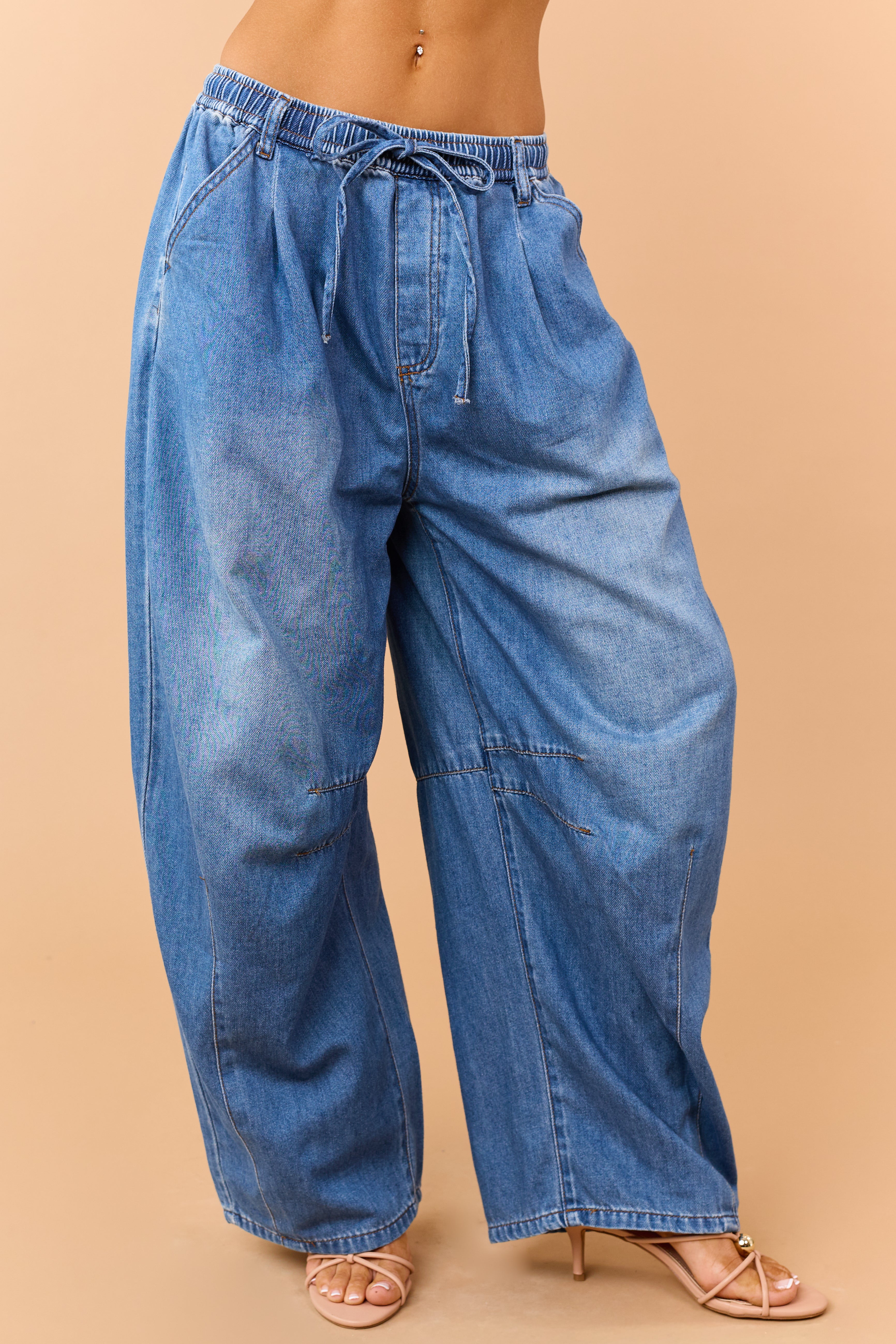 Listicle Medium Wash Denim Drawstring Wide Leg Pants | Lime Lush