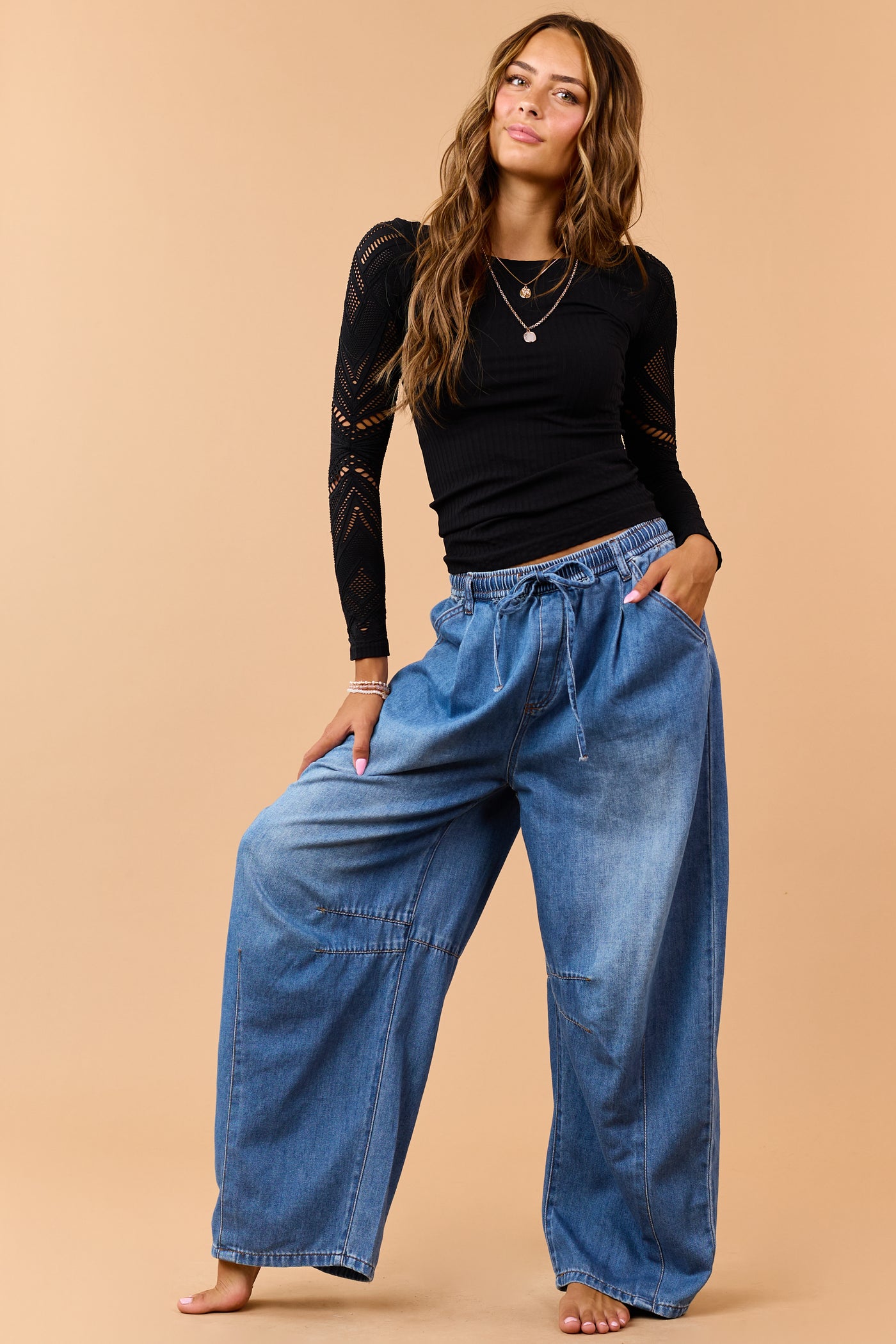 Listicle Medium Wash Denim Drawstring Wide Leg Pants