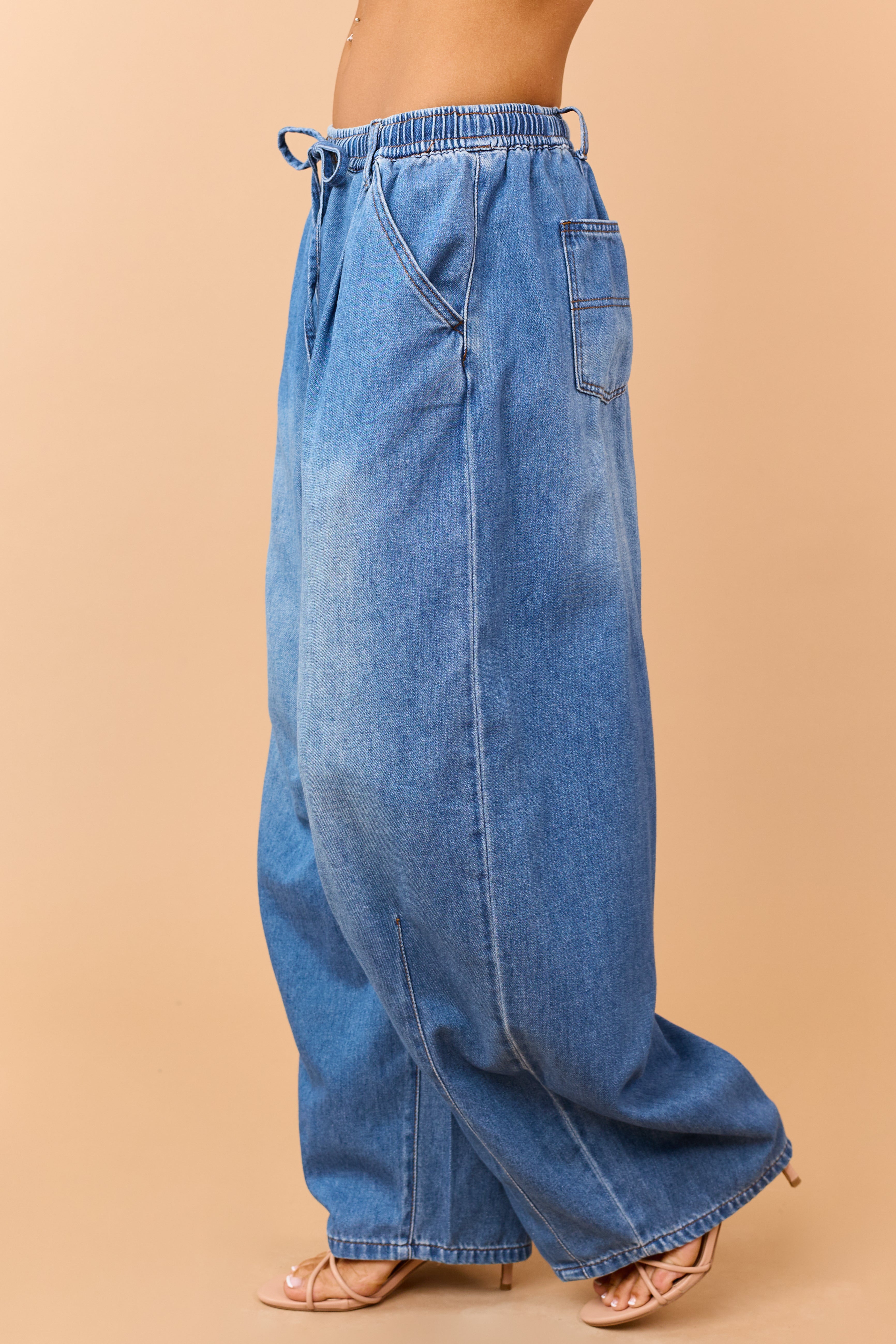Listicle Medium Wash Denim Drawstring Wide Leg Pants | Lime Lush