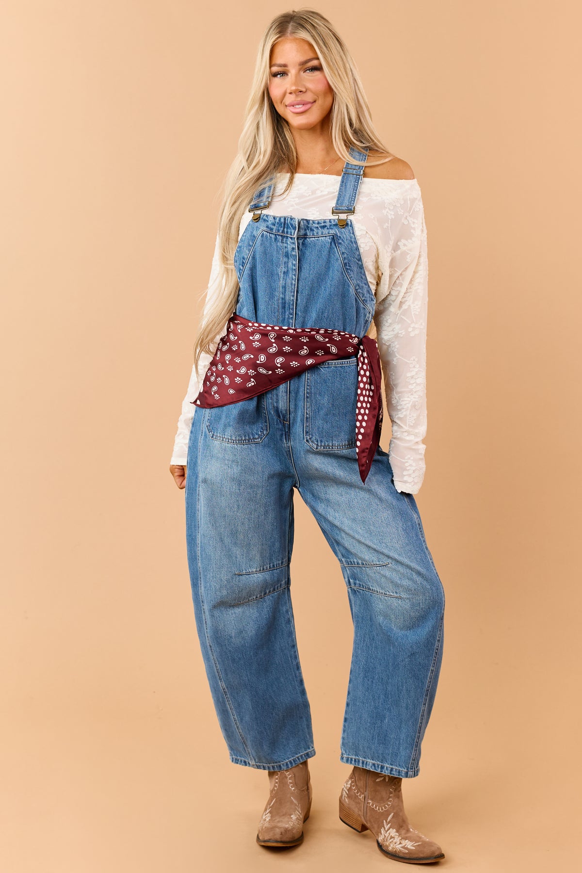Listicle Medium Wash Denim Relaxed Barrel Overalls