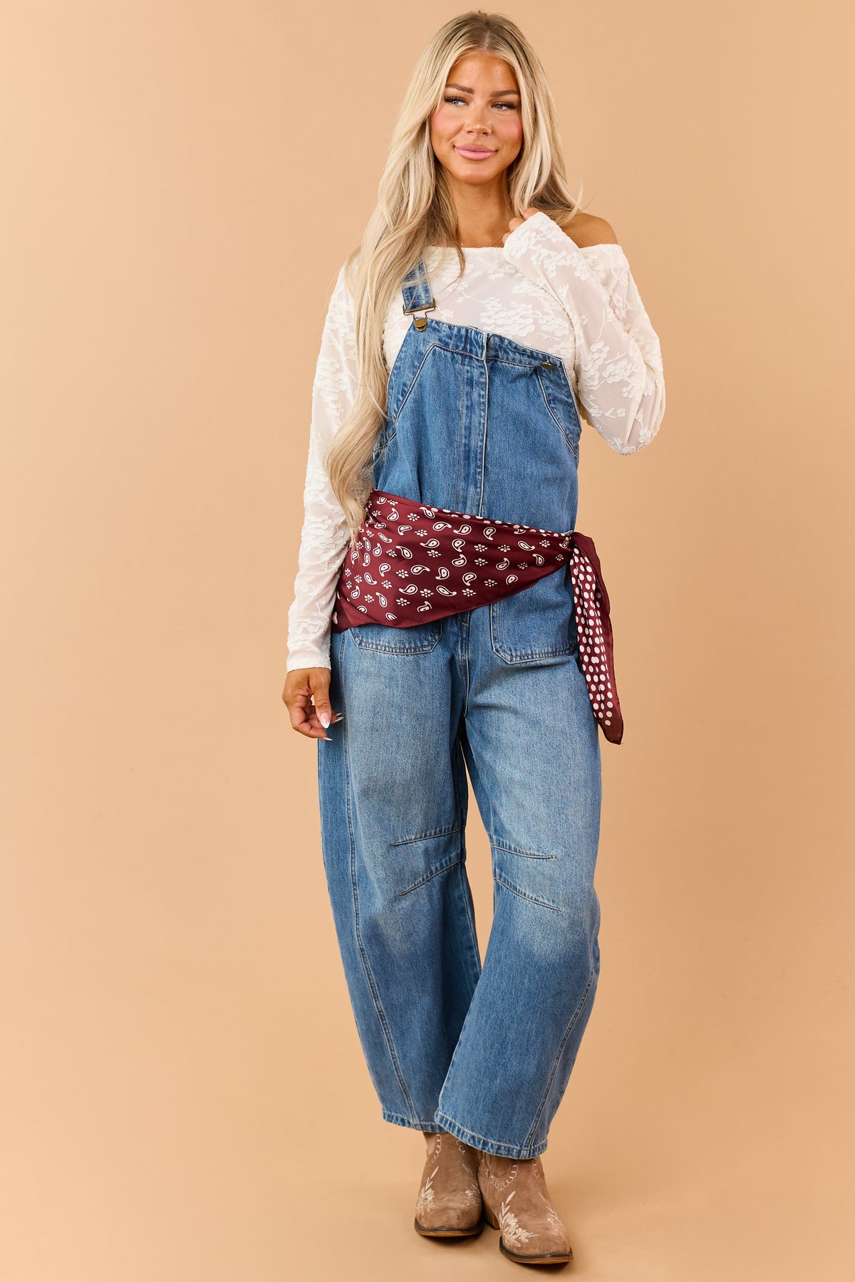 Listicle Medium Wash Denim Relaxed Barrel Overalls