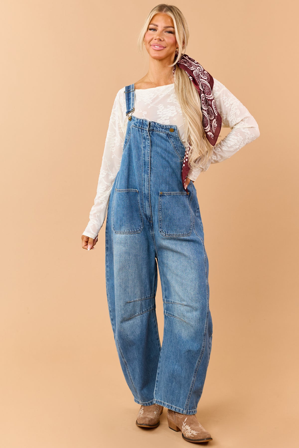 Listicle Medium Wash Denim Relaxed Barrel Overalls