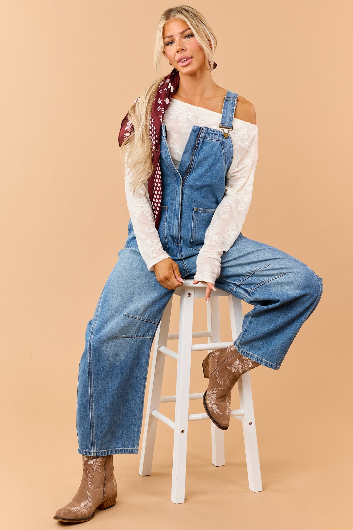 Listicle Medium Wash Denim Relaxed Barrel Overalls
