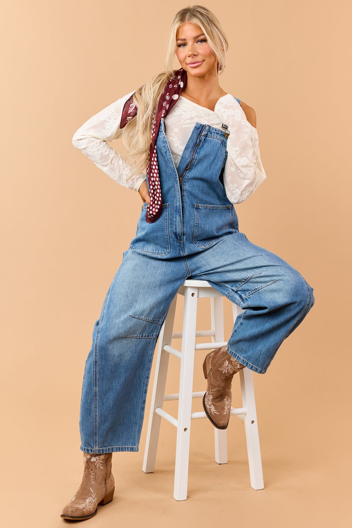 Listicle Medium Wash Denim Relaxed Barrel Overalls