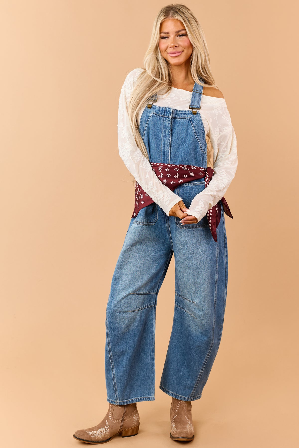 Listicle Medium Wash Denim Relaxed Barrel Overalls