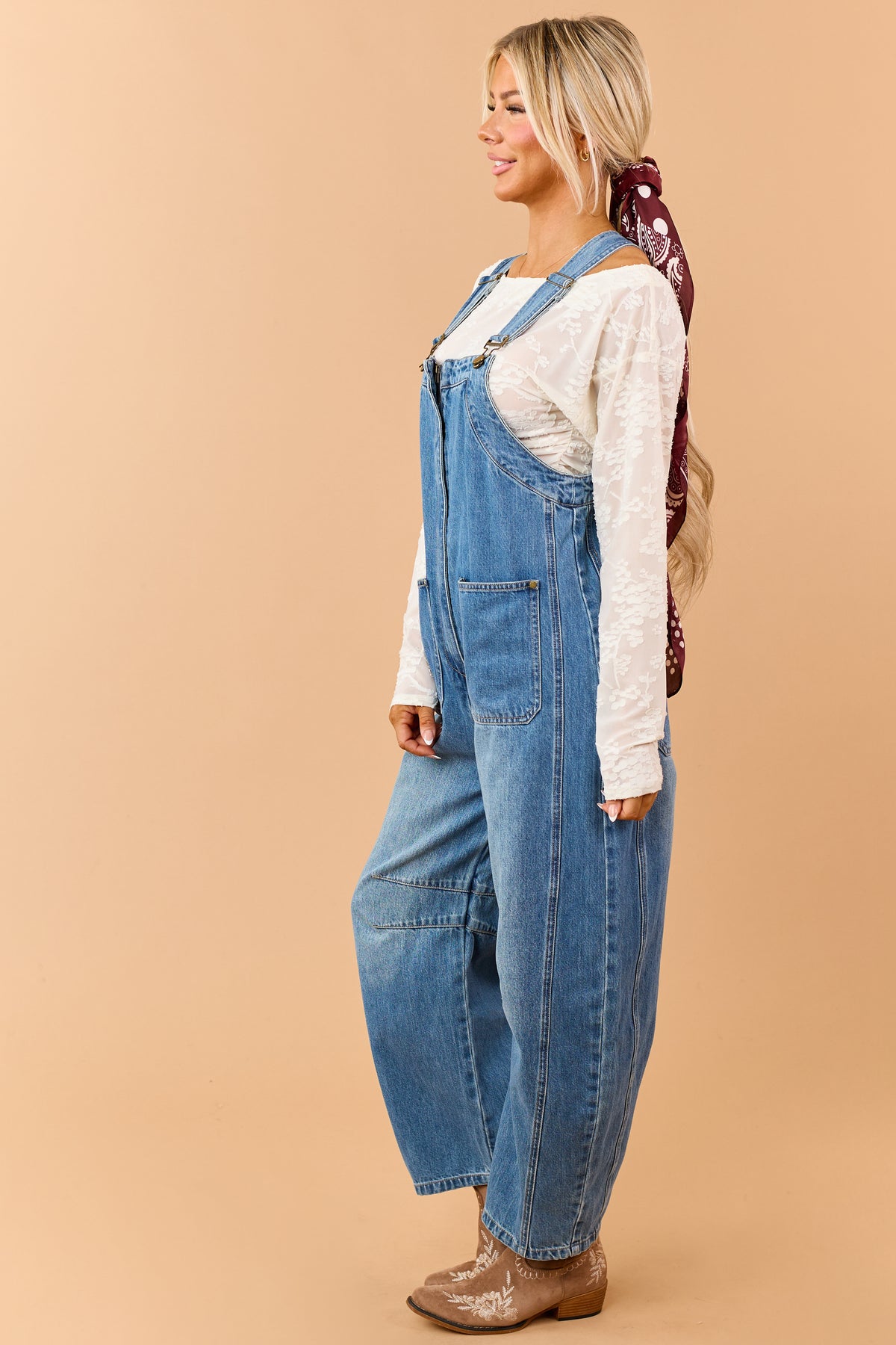 Listicle Medium Wash Denim Relaxed Barrel Overalls