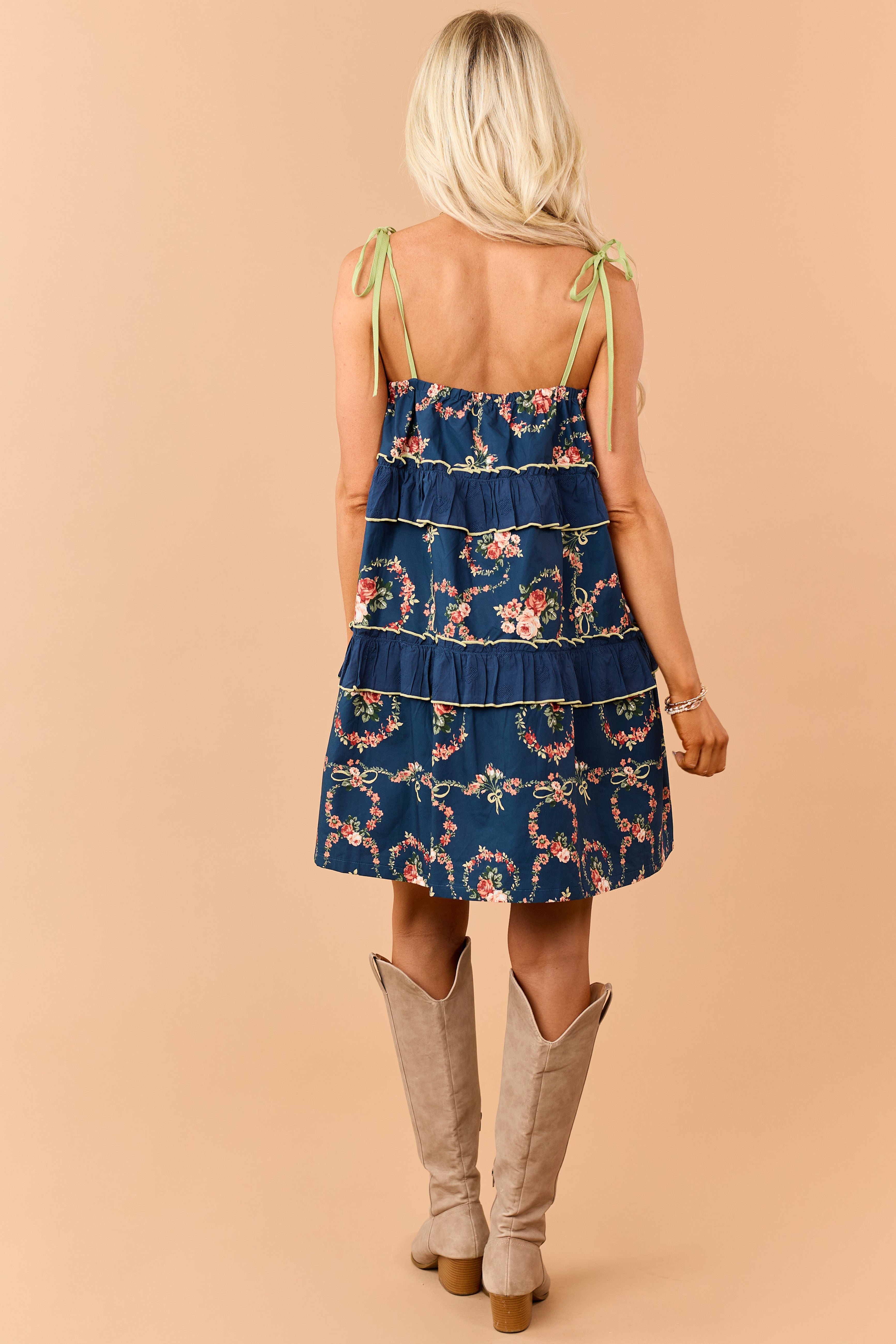 Listicle Navy Cotton Floral Print Tiered Mini Dress