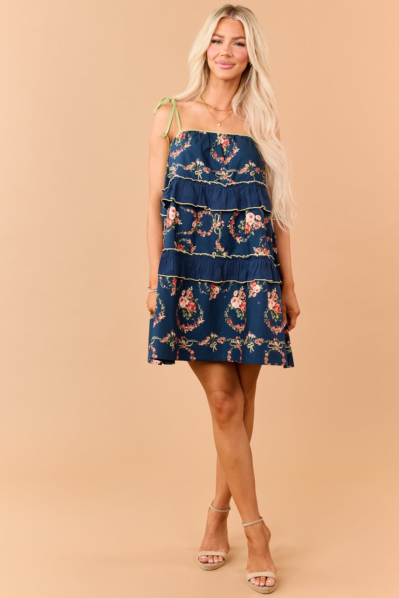 Listicle Navy Cotton Floral Print Tiered Mini Dress