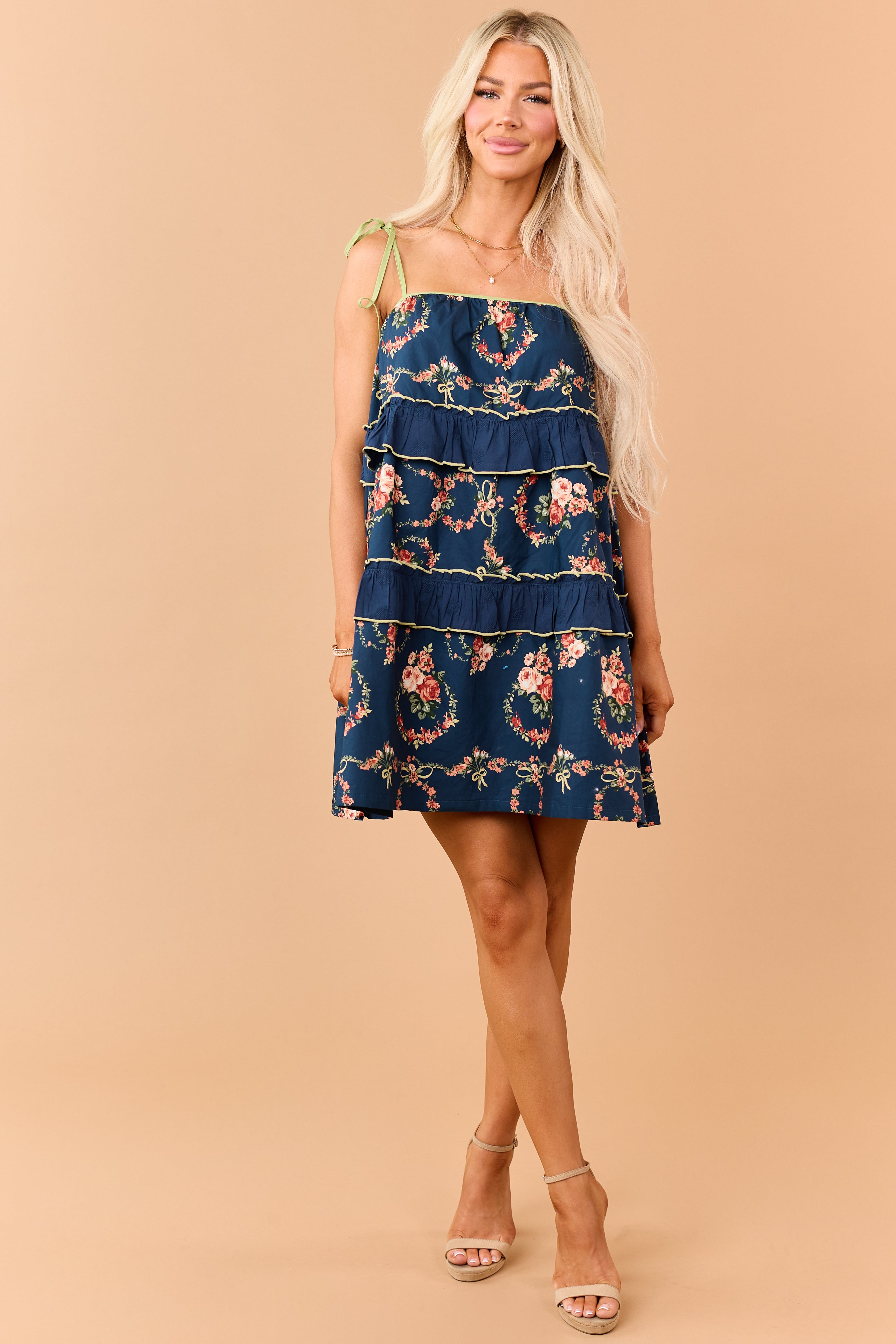 Listicle Navy Cotton Floral Print Tiered Mini Dress