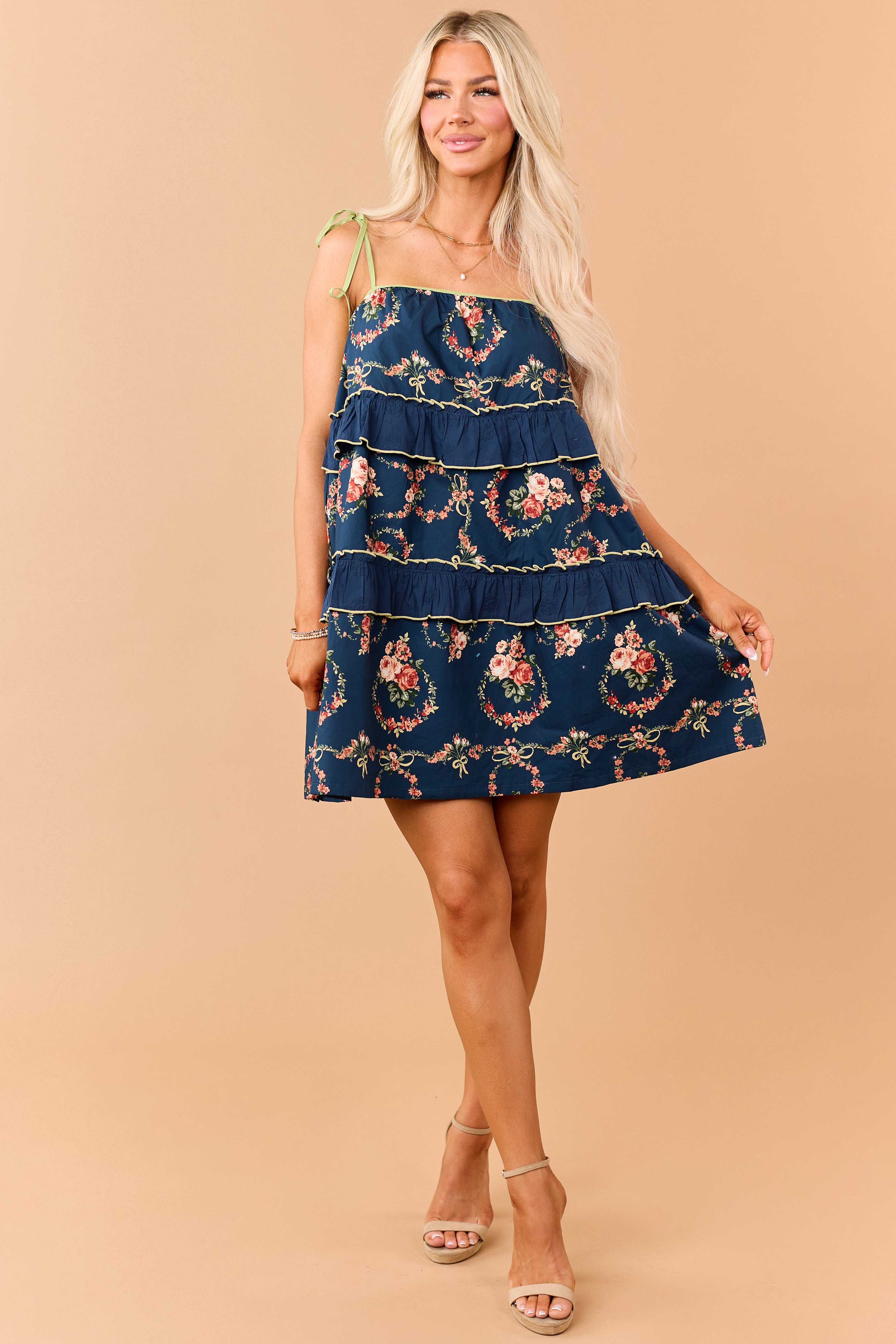 Listicle Navy Cotton Floral Print Tiered Mini Dress