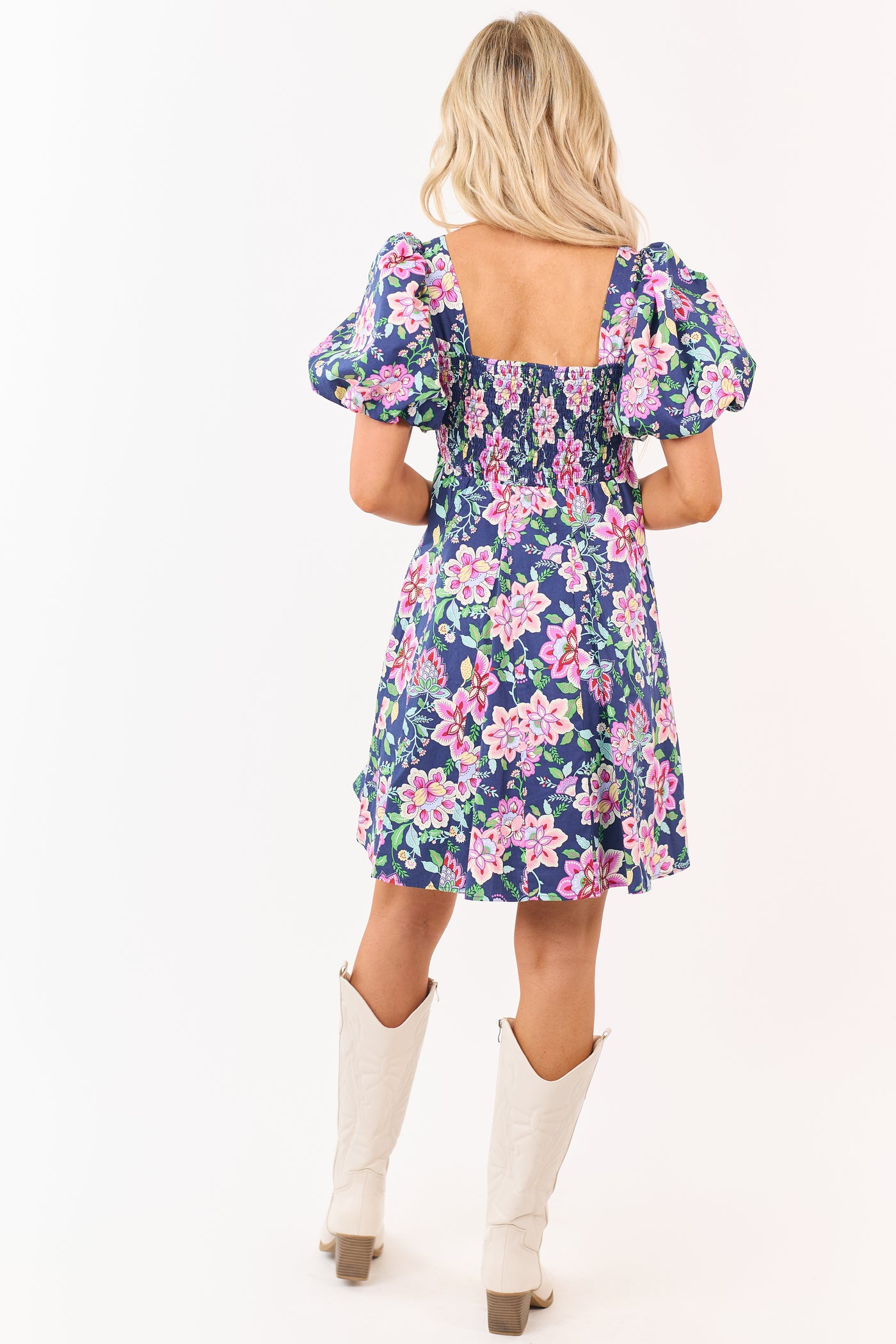 Listicle Navy Floral Print Puff Sleeve Cotton Mini Dress