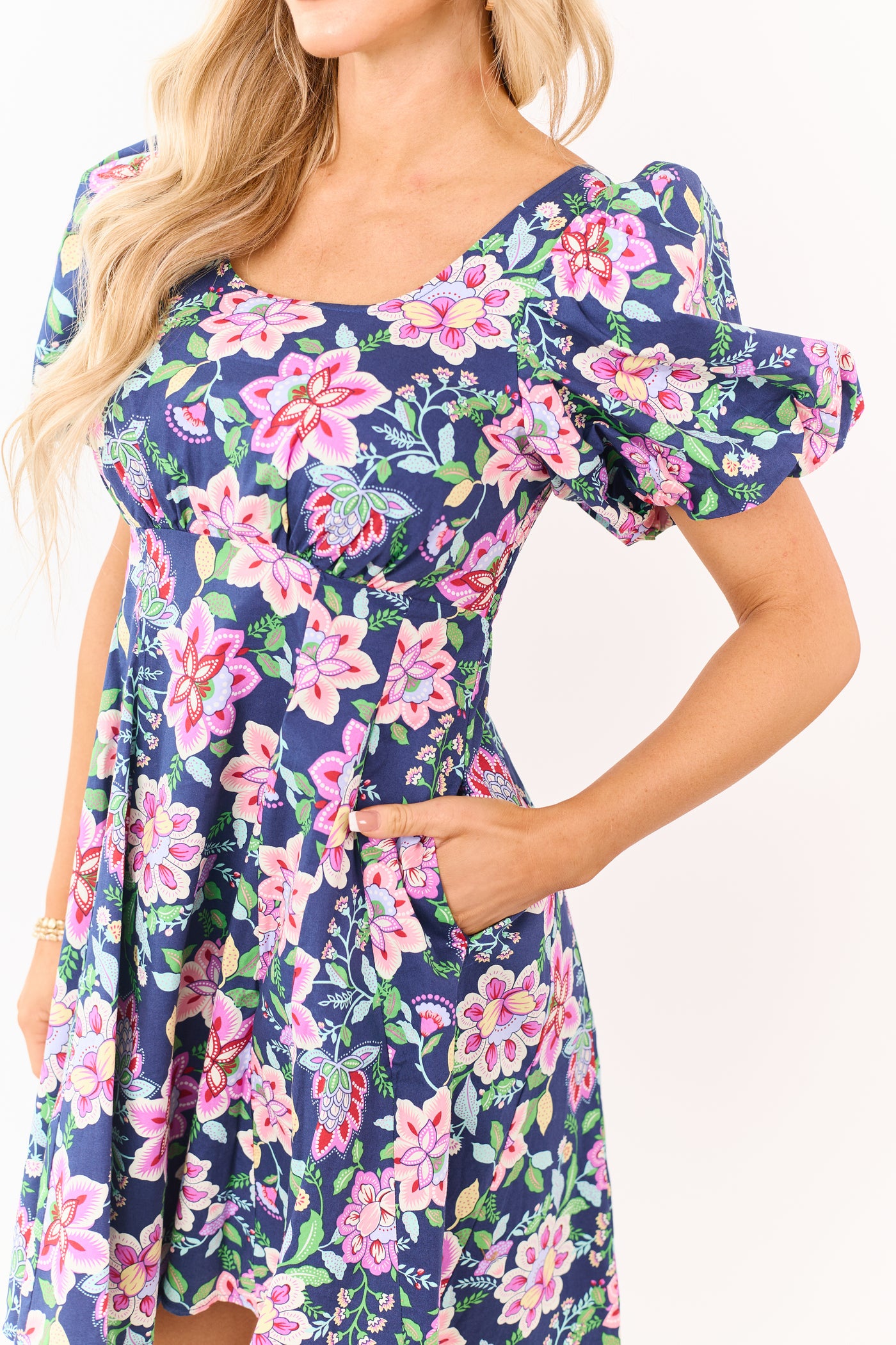 Listicle Navy Floral Print Puff Sleeve Cotton Mini Dress