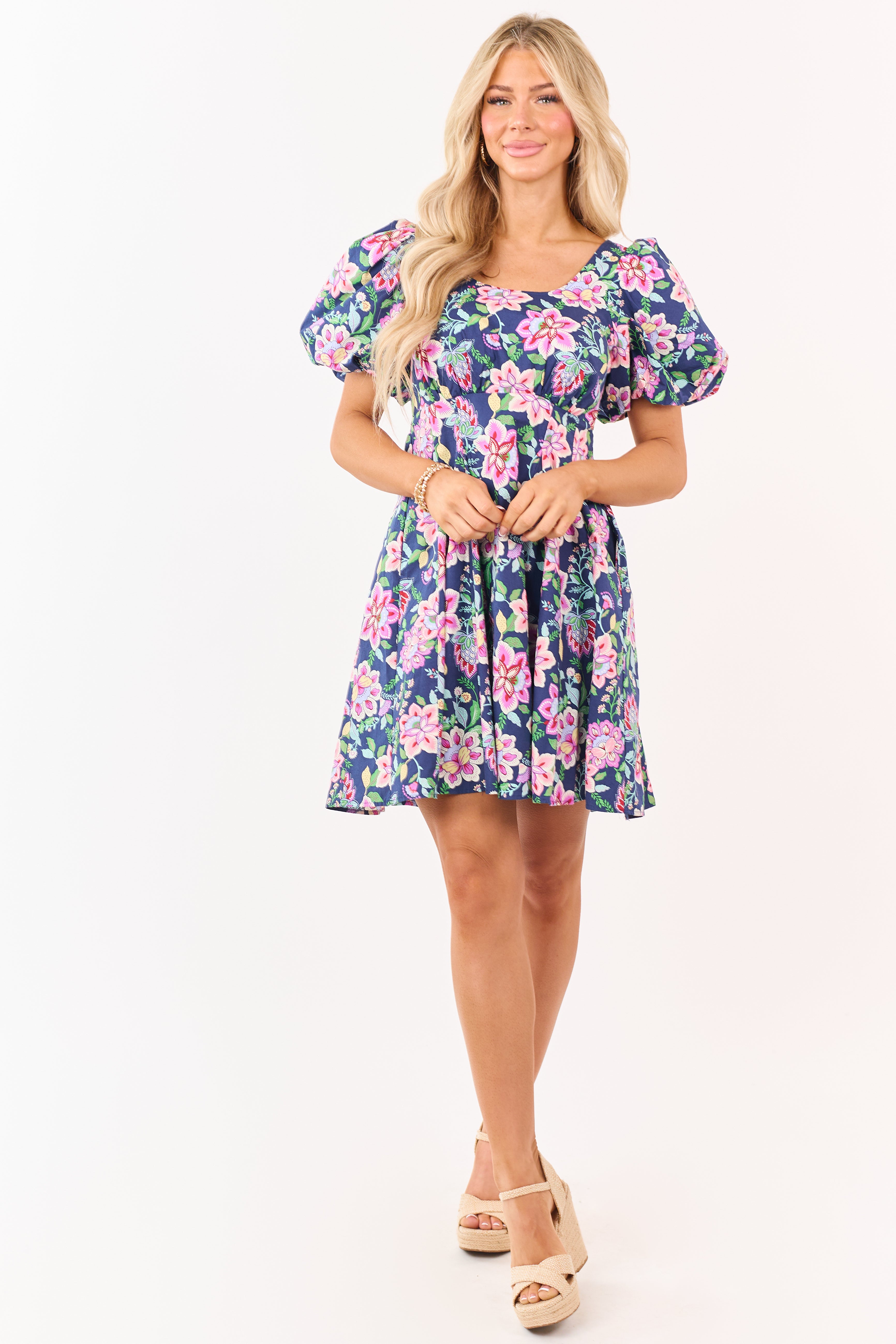 Listicle Navy Floral Print Puff Sleeve Cotton Mini Dress