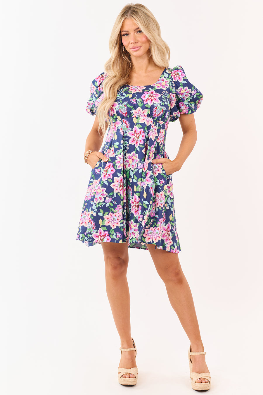 Listicle Navy Floral Print Puff Sleeve Cotton Mini Dress