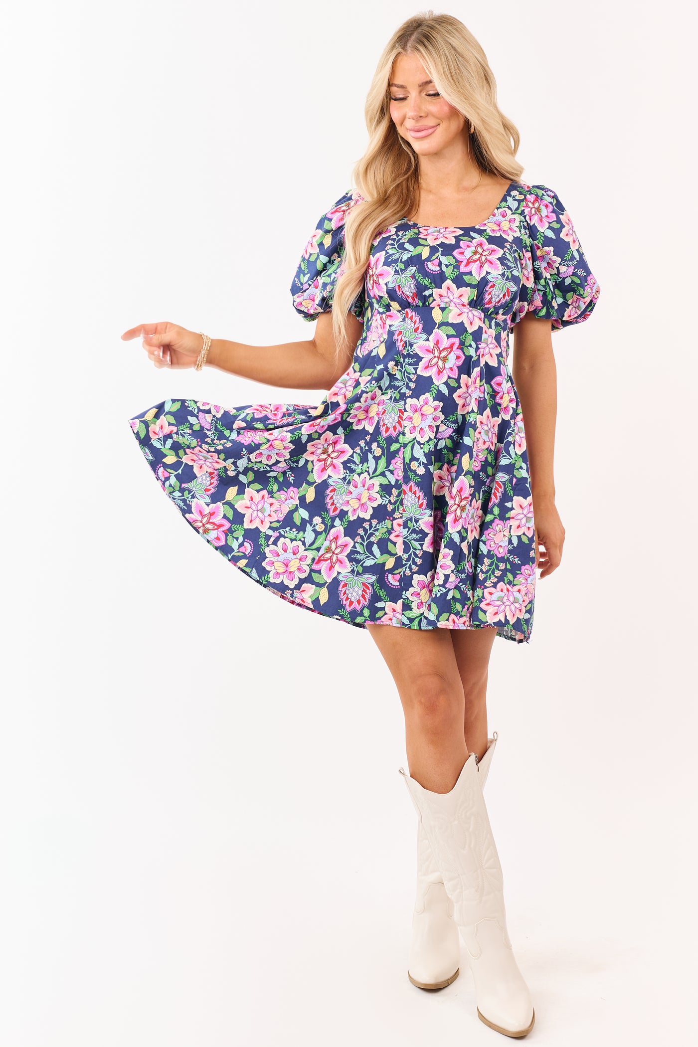 Listicle Navy Floral Print Puff Sleeve Cotton Mini Dress