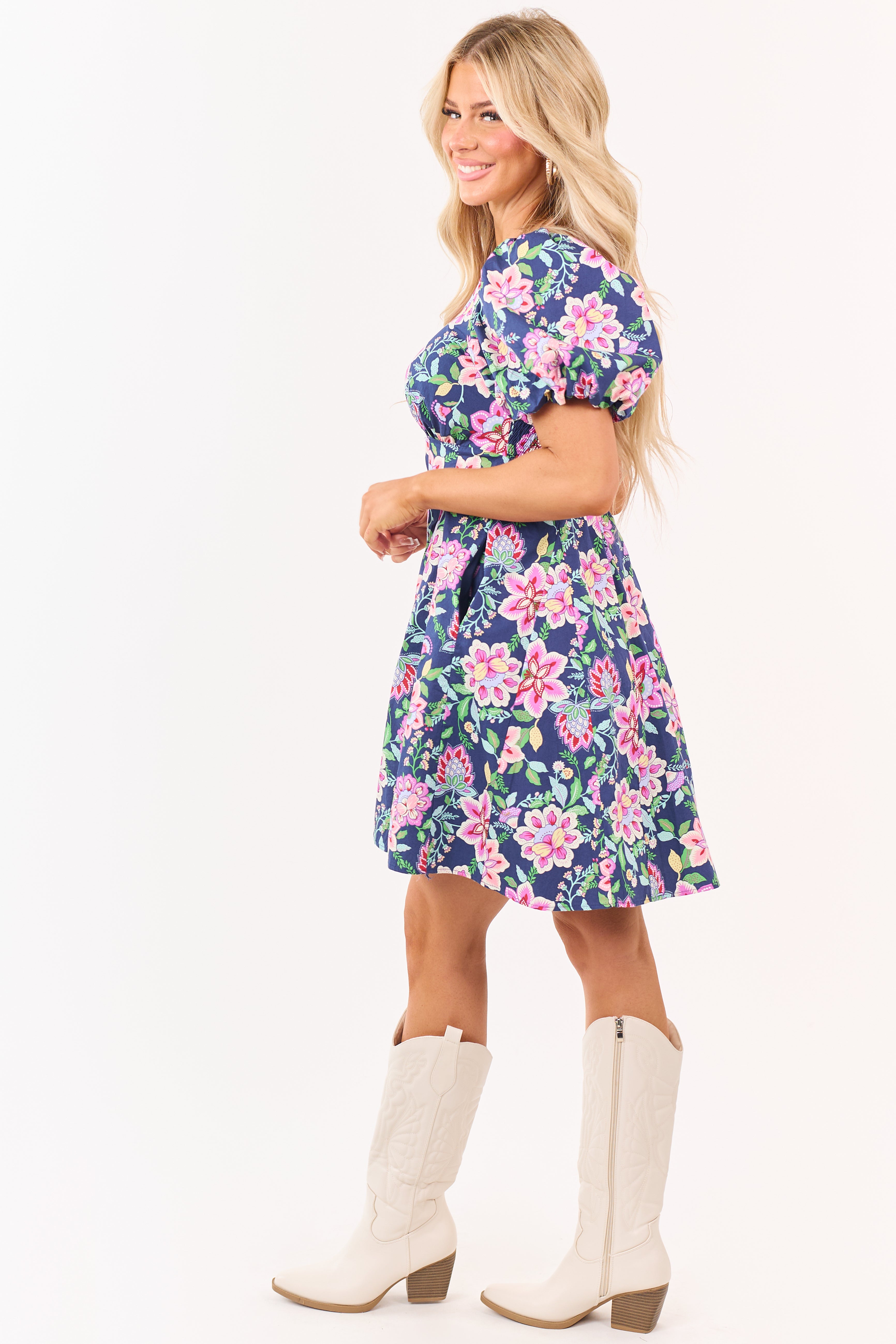 Listicle Navy Floral Print Puff Sleeve Cotton Mini Dress
