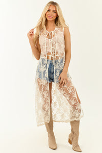 Listicle Off White Sheer Floral Lace Duster Vest