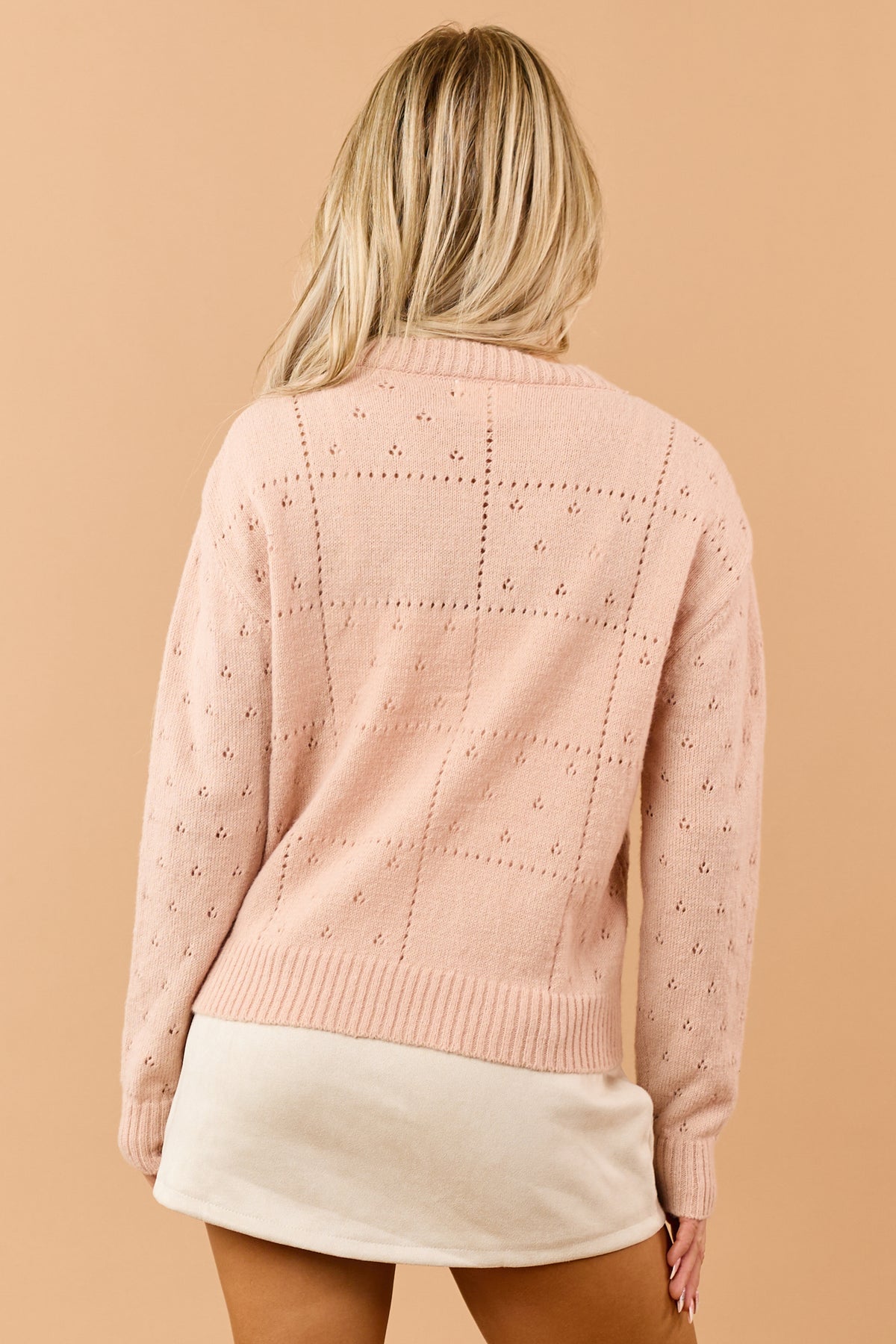 Listicle Peach Cross Stitch Floral Pointelle Cardigan