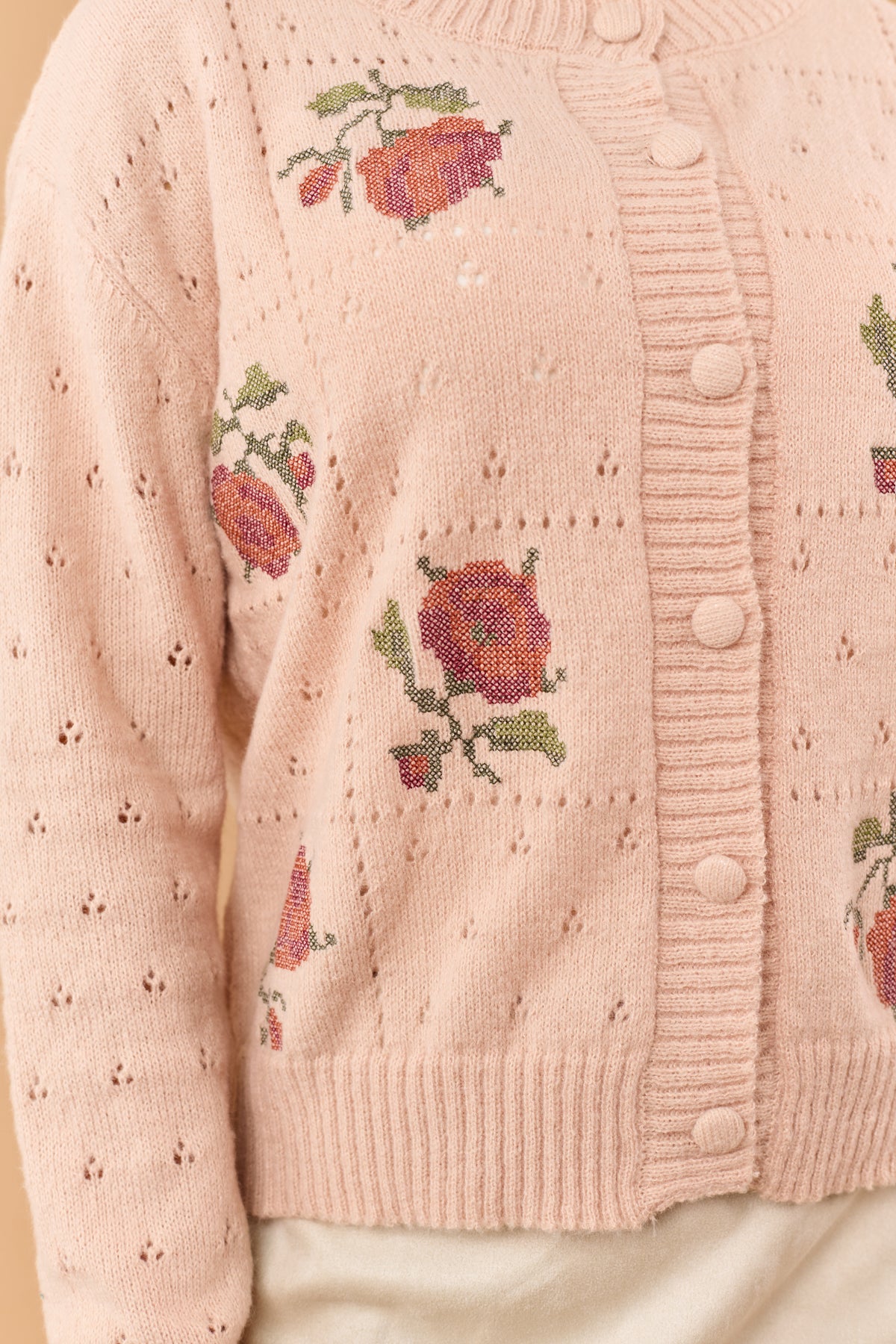 Listicle Peach Cross Stitch Floral Pointelle Cardigan