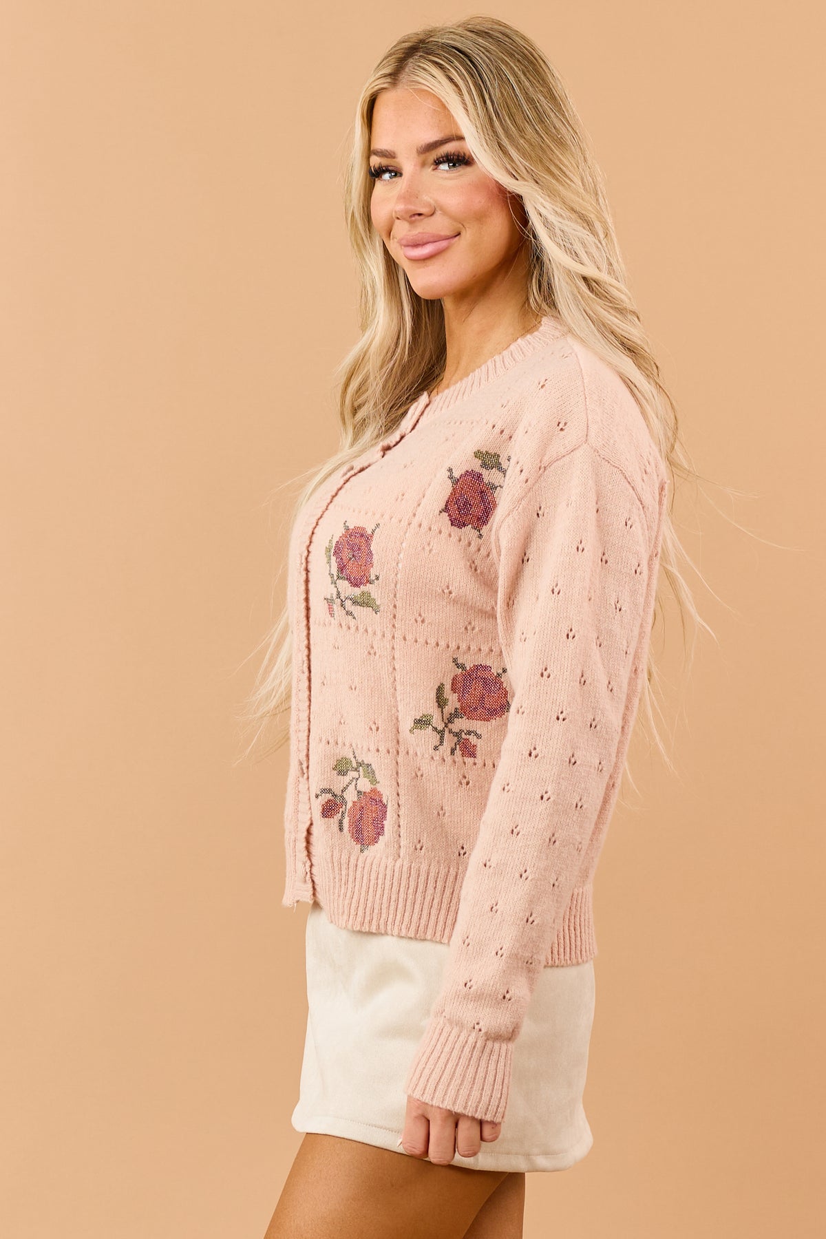Listicle Peach Cross Stitch Floral Pointelle Cardigan