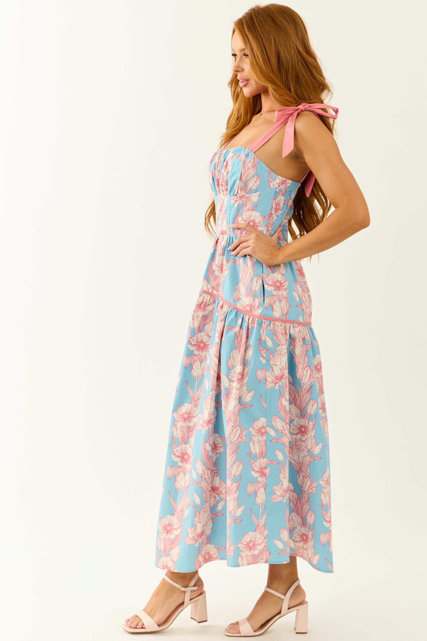Listicle Powder Blue Floral Print Cotton Midi Dress