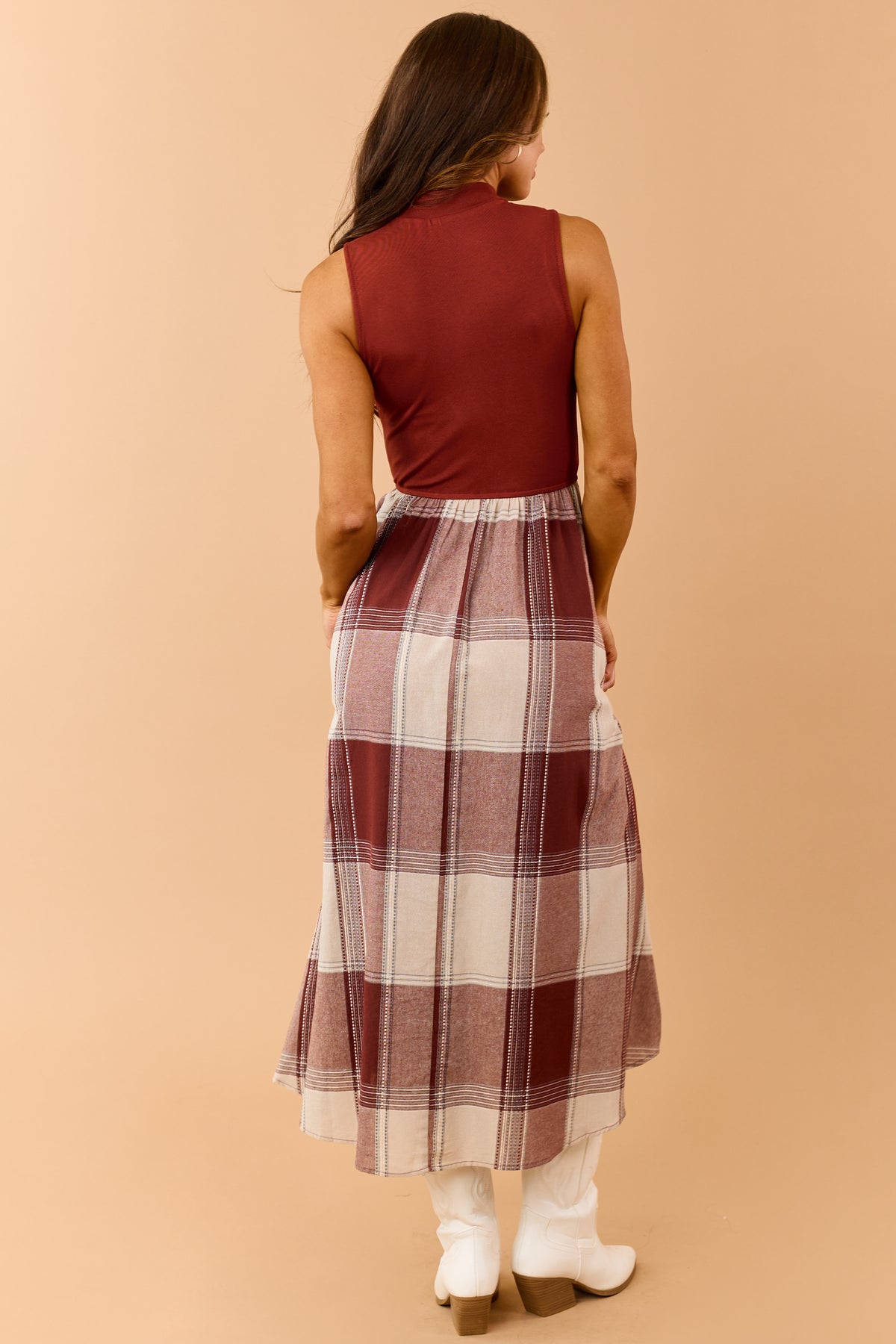 Listicle Rust Cotton Plaid Skirt Maxi Dress