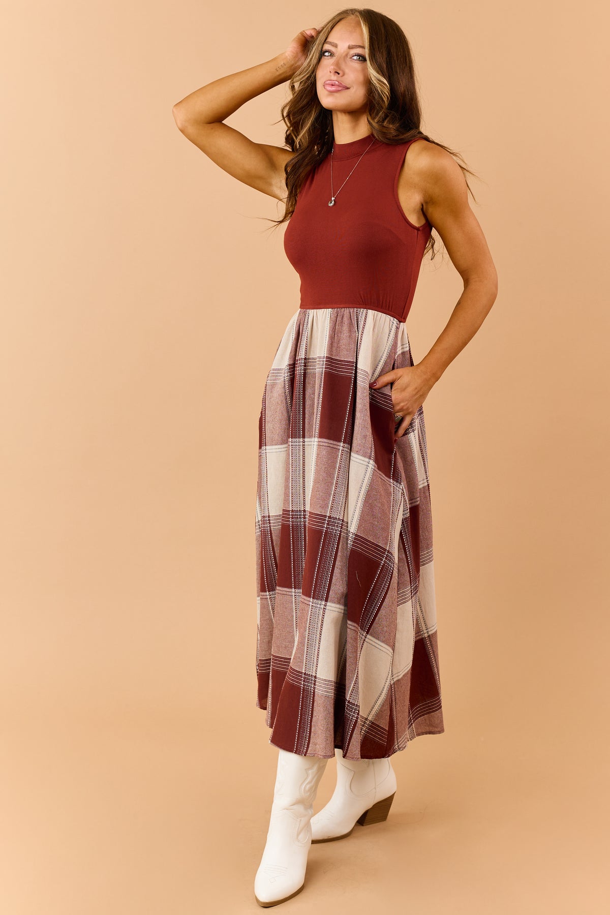 Listicle Rust Cotton Plaid Skirt Maxi Dress