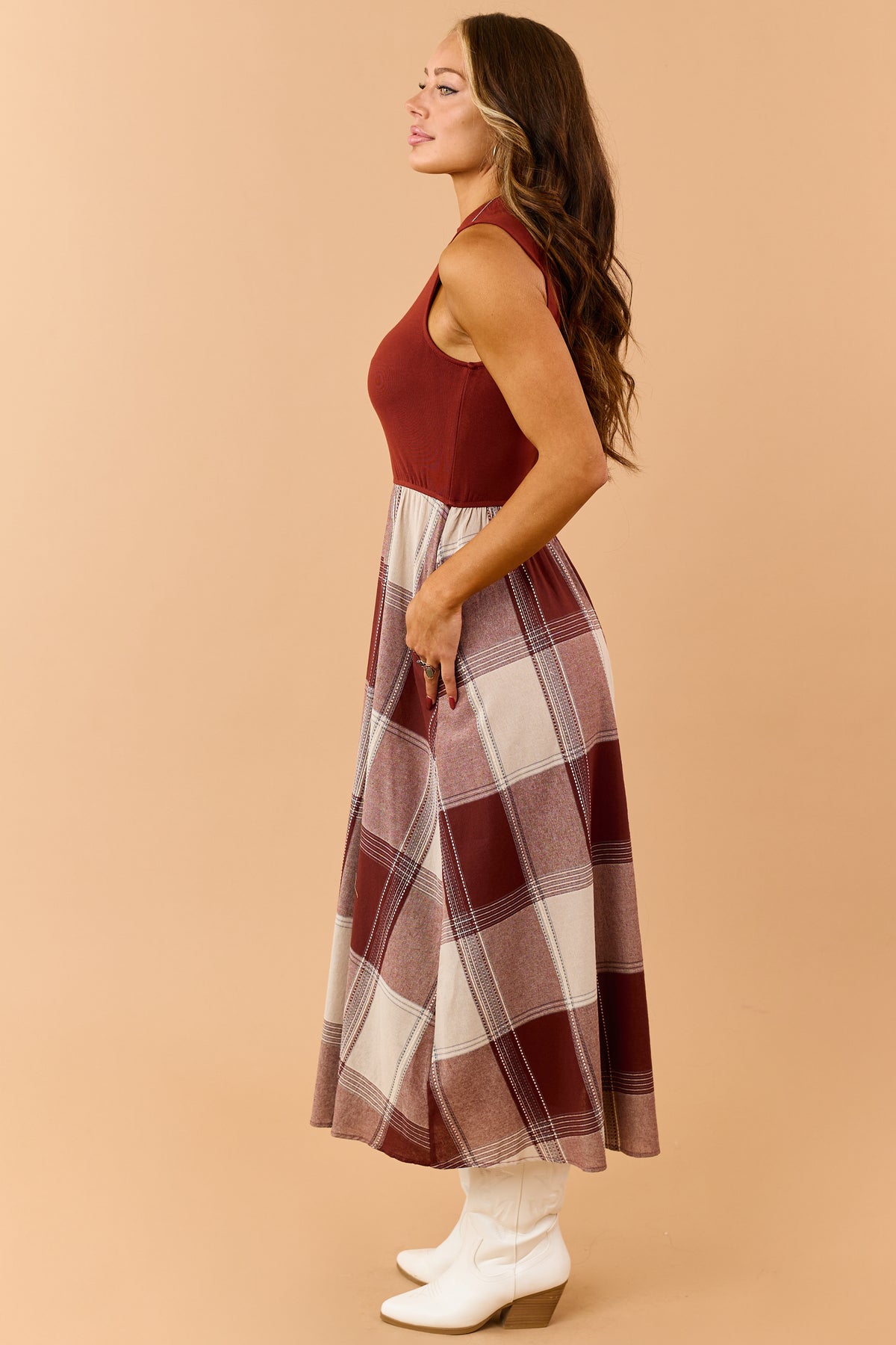 Listicle Rust Cotton Plaid Skirt Maxi Dress
