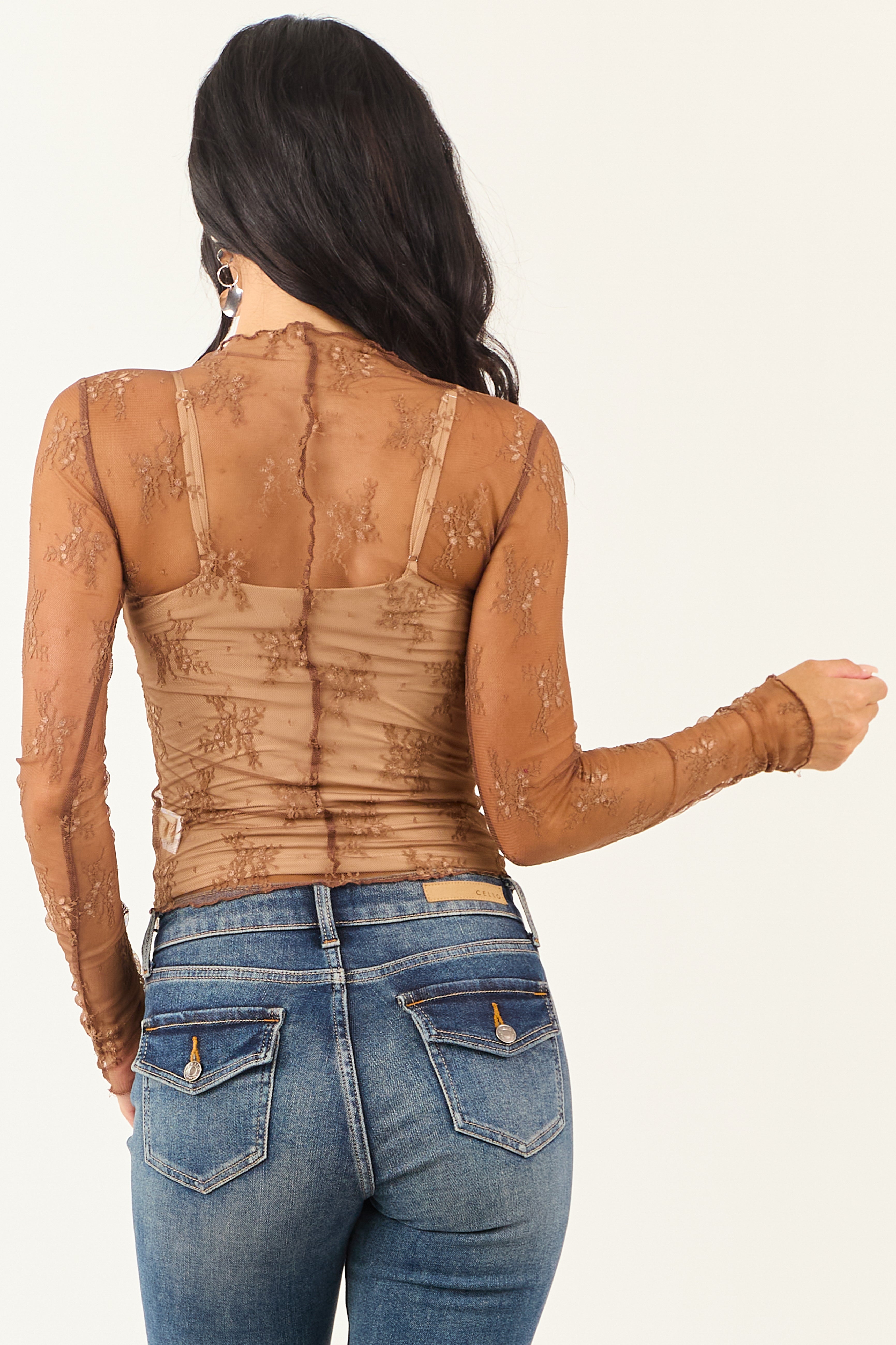 Listicle Sepia Floral Mesh Lace Long Sleeve Top | Lime Lush Boutique