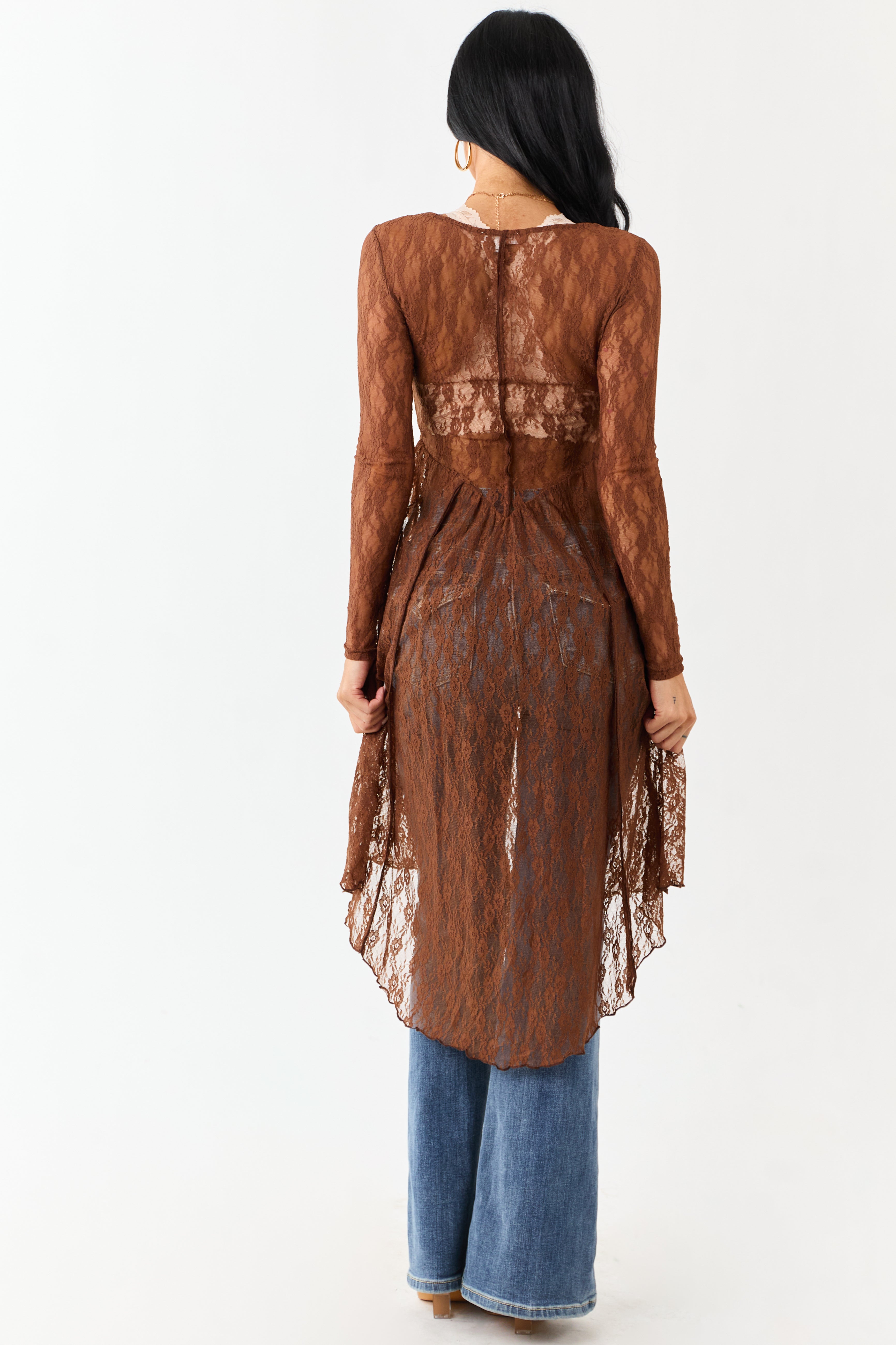 Listicle Sepia Sheer Floral Mesh Lace Midi Dress