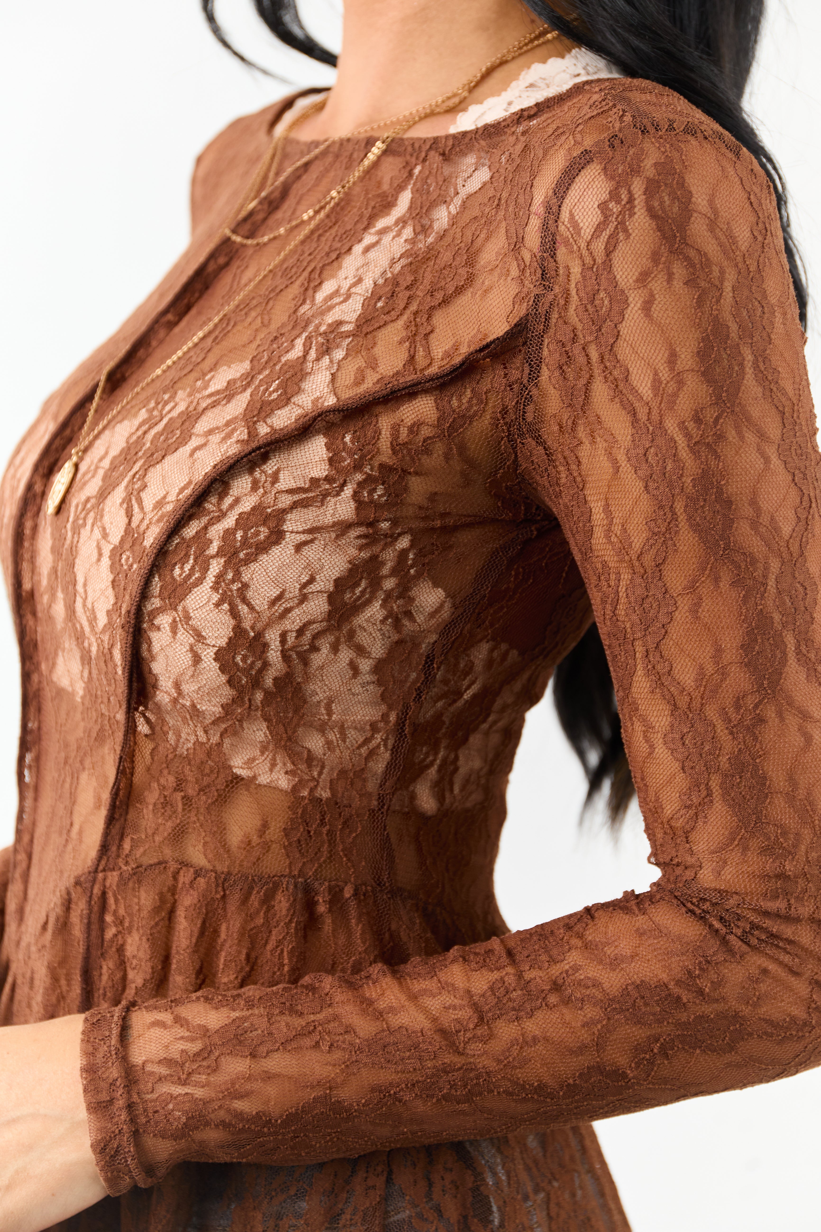 Listicle Sepia Sheer Floral Mesh Lace Midi Dress