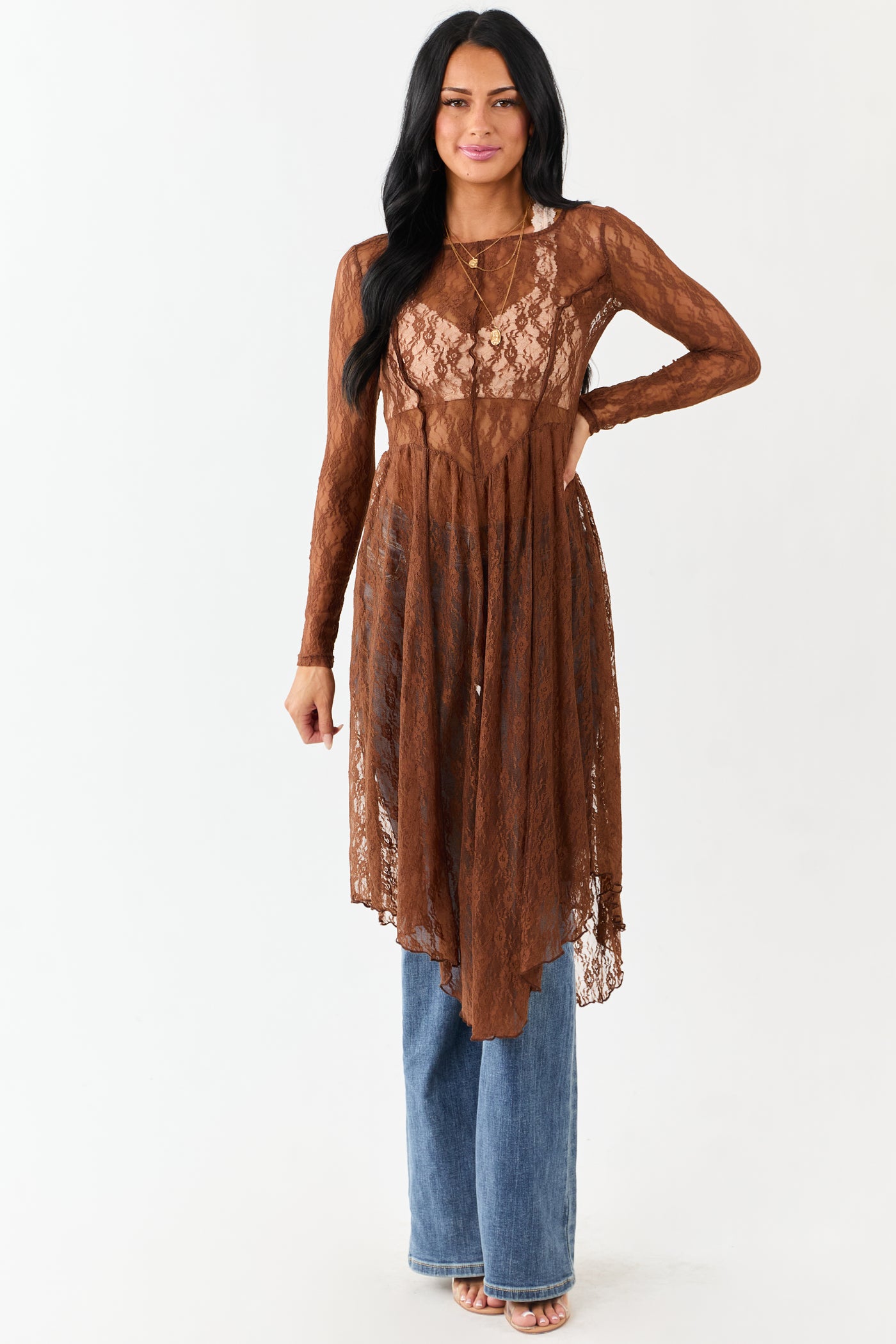 Listicle Sepia Sheer Floral Mesh Lace Midi Dress