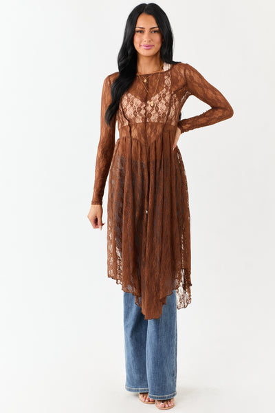 Listicle Sepia Sheer Floral Mesh Lace Midi Dress