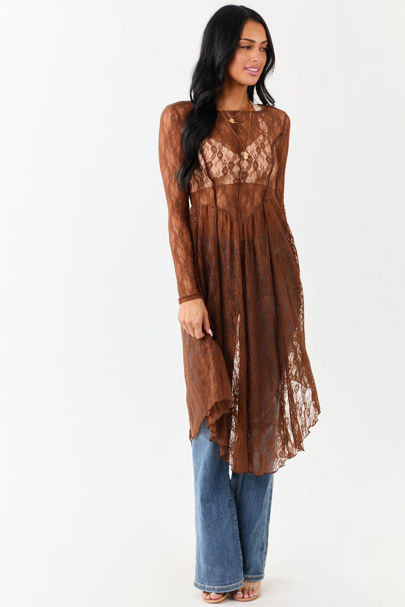 Listicle Sepia Sheer Floral Mesh Lace Midi Dress