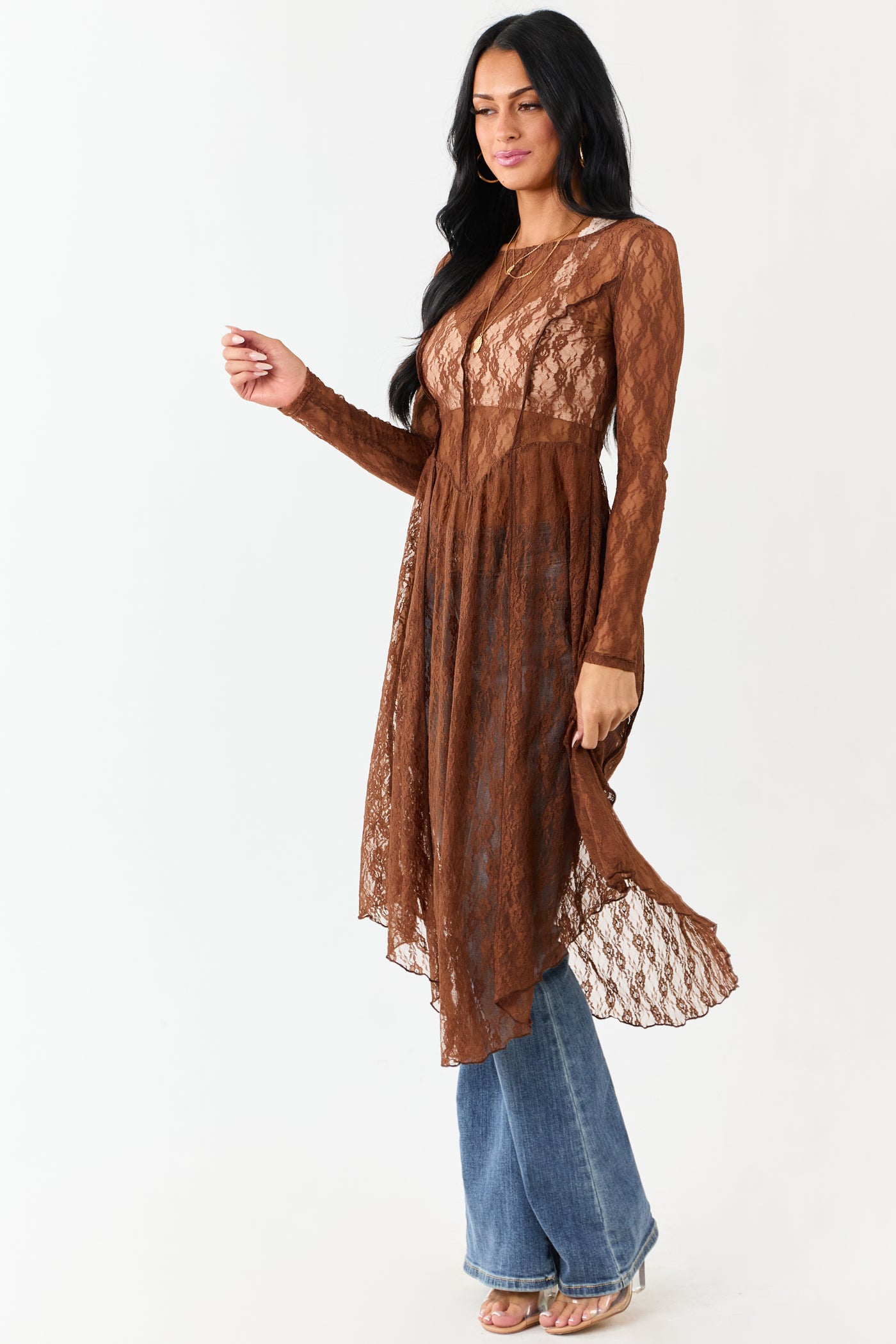 Listicle Sepia Sheer Floral Mesh Lace Midi Dress