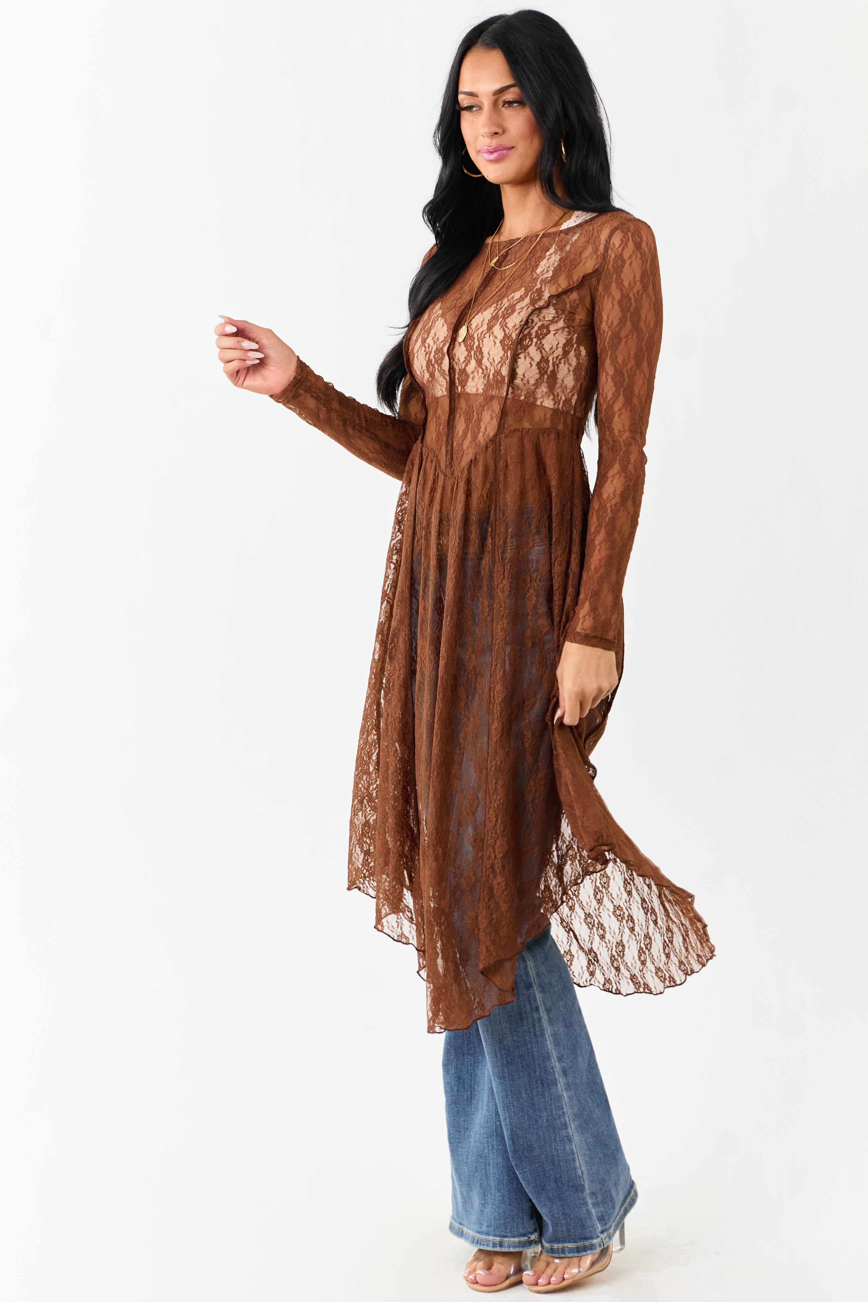 Listicle Sepia Sheer Floral Mesh Lace Midi Dress