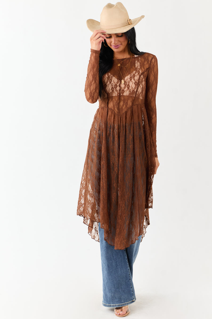 Listicle Sepia Sheer Floral Mesh Lace Midi Dress