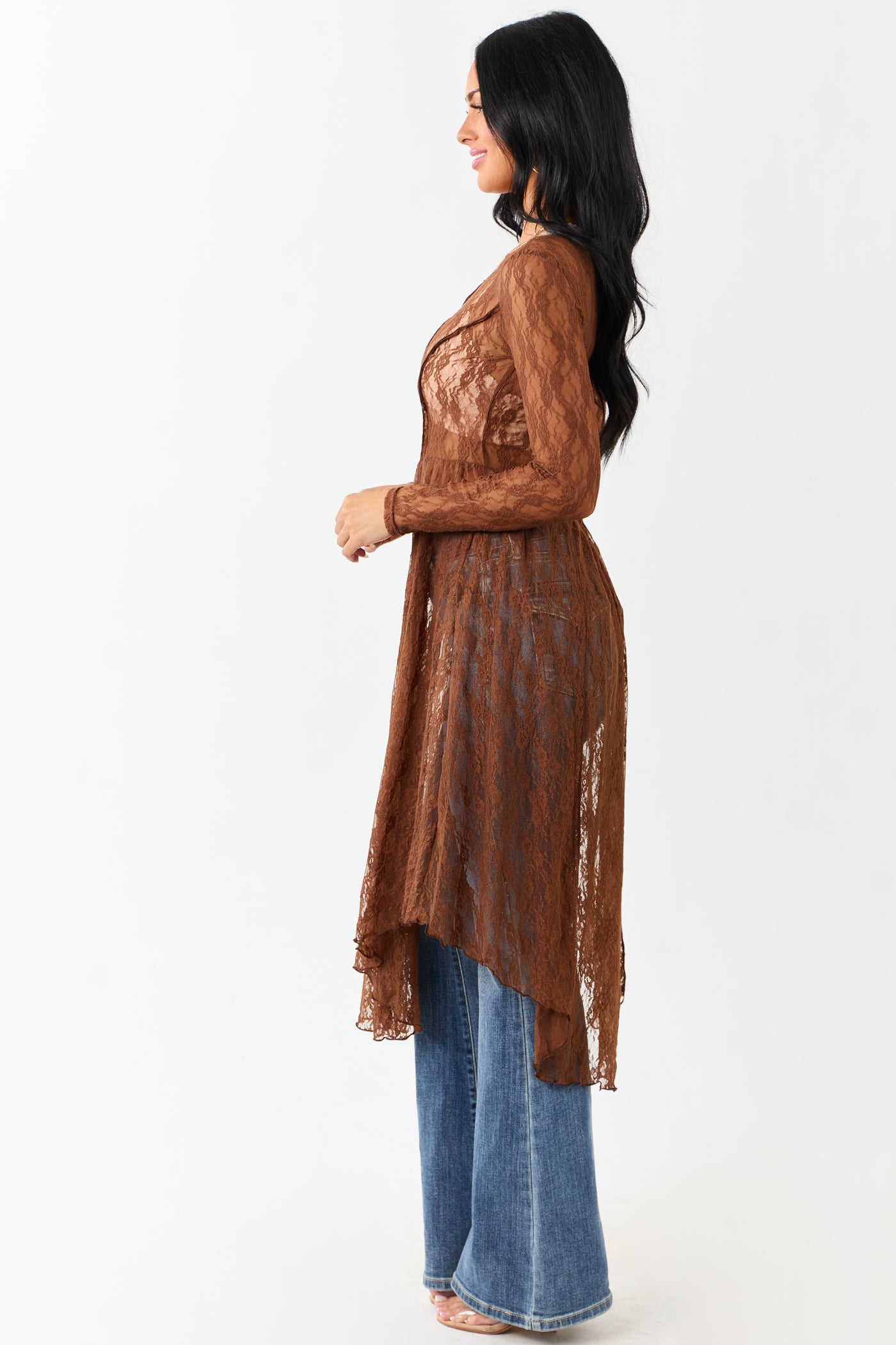 Listicle Sepia Sheer Floral Mesh Lace Midi Dress